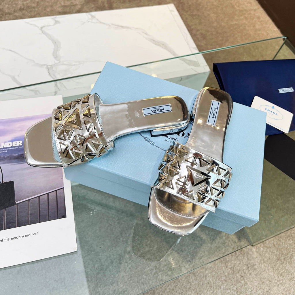 PRADA EMBROIDERED SLIDES FLAT SILVER CALFSKIN
