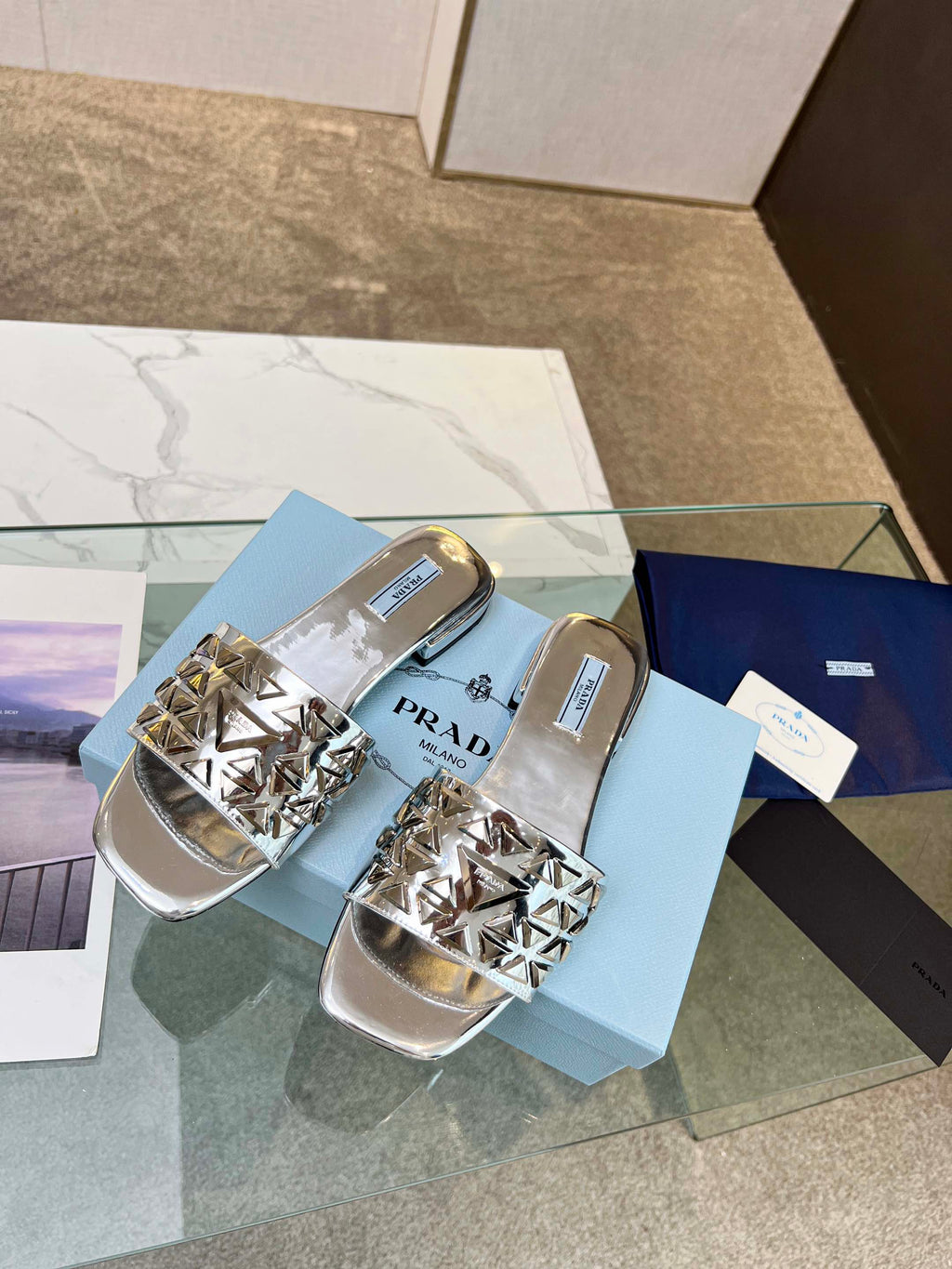 PRADA EMBROIDERED SLIDES FLAT SILVER CALFSKIN