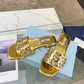 PRADA EMBROIDERED SLIDES FLAT METALLIC GOLD CALFSKIN