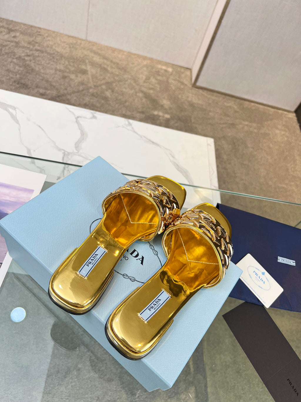PRADA EMBROIDERED SLIDES FLAT METALLIC GOLD CALFSKIN