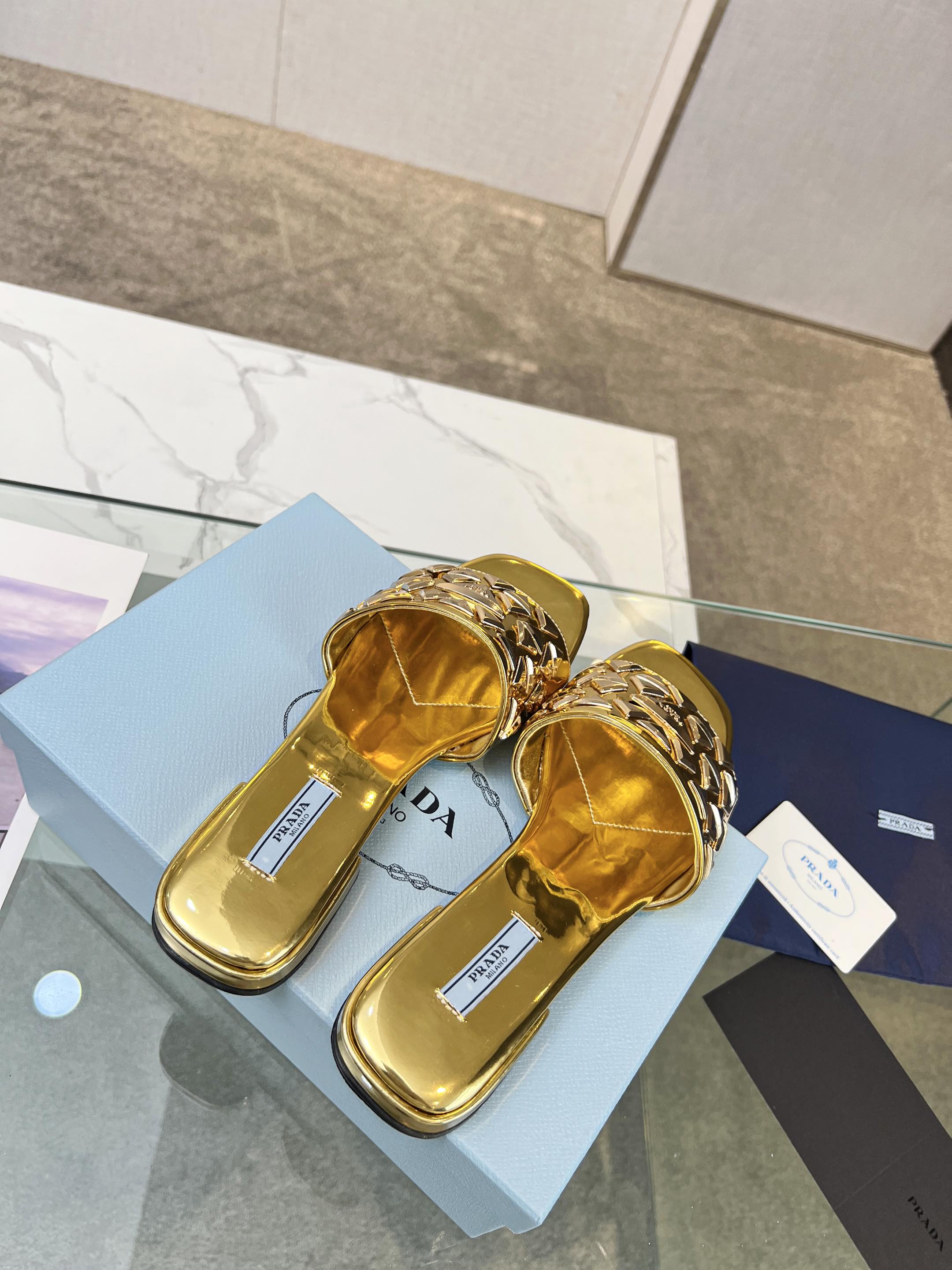 PRADA EMBROIDERED SLIDES FLAT METALLIC GOLD CALFSKIN
