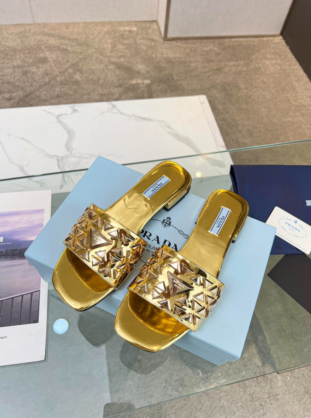 PRADA EMBROIDERED SLIDES FLAT METALLIC GOLD CALFSKIN