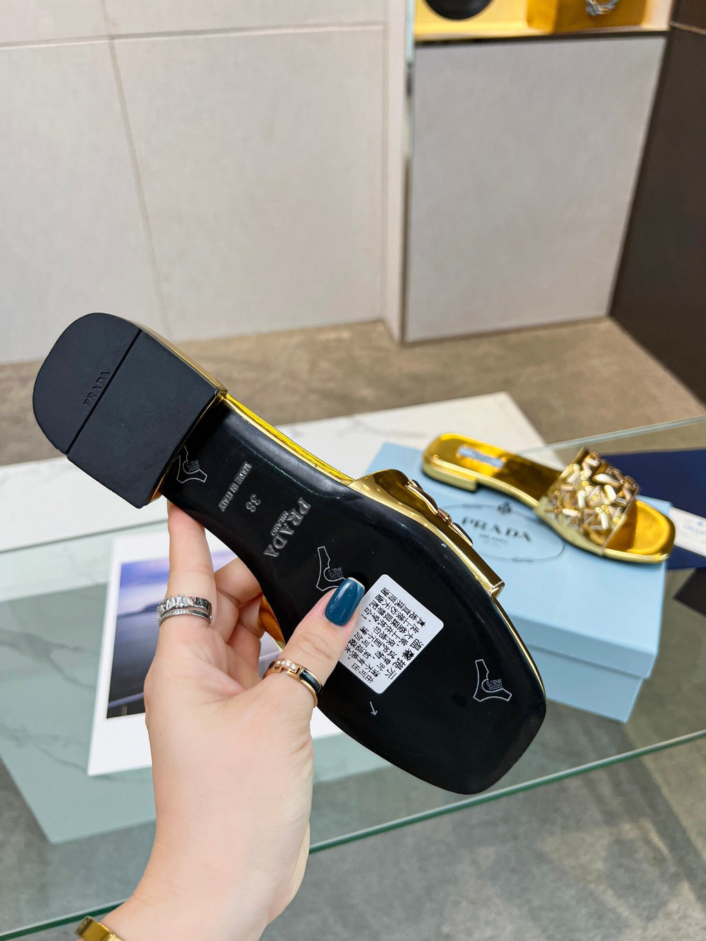 PRADA EMBROIDERED SLIDES FLAT METALLIC GOLD CALFSKIN