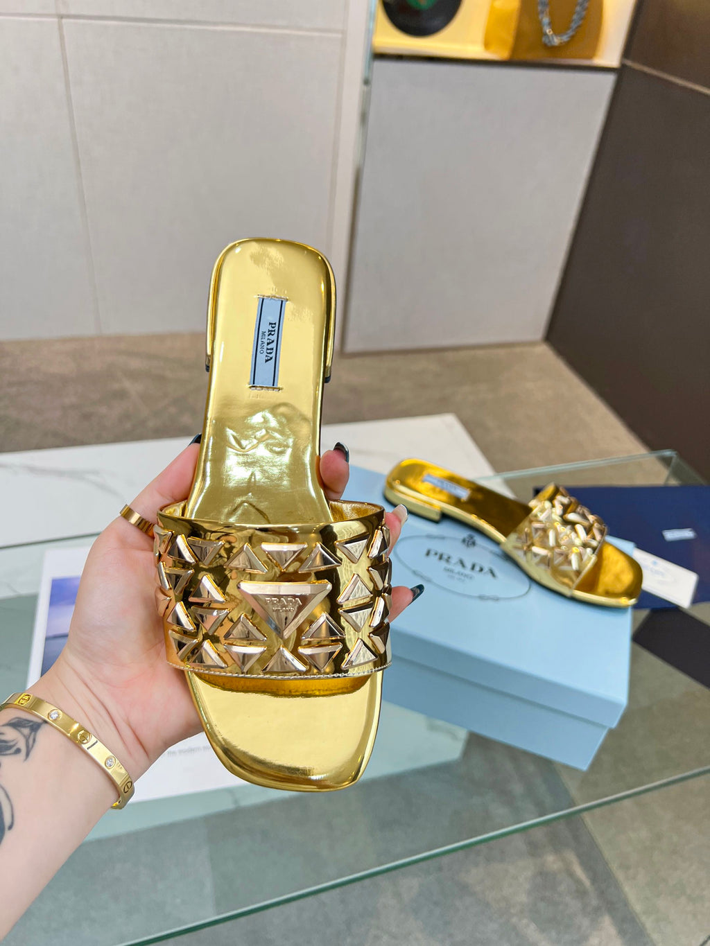 PRADA EMBROIDERED SLIDES FLAT METALLIC GOLD CALFSKIN