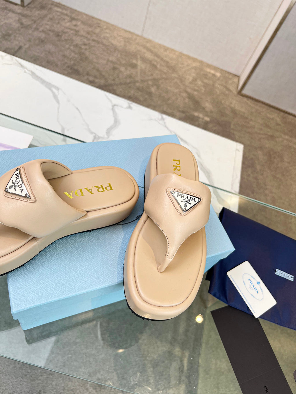 PRADA SOFT PADDED NAPPA THONG WEDGE SANLS TUSCAN LAMBSKIN