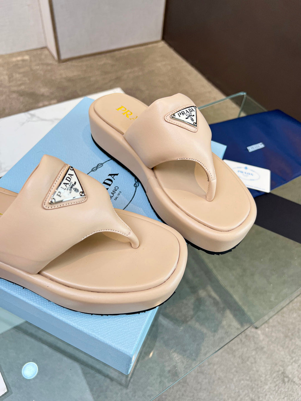 PRADA SOFT PADDED NAPPA THONG WEDGE SANLS TUSCAN LAMBSKIN