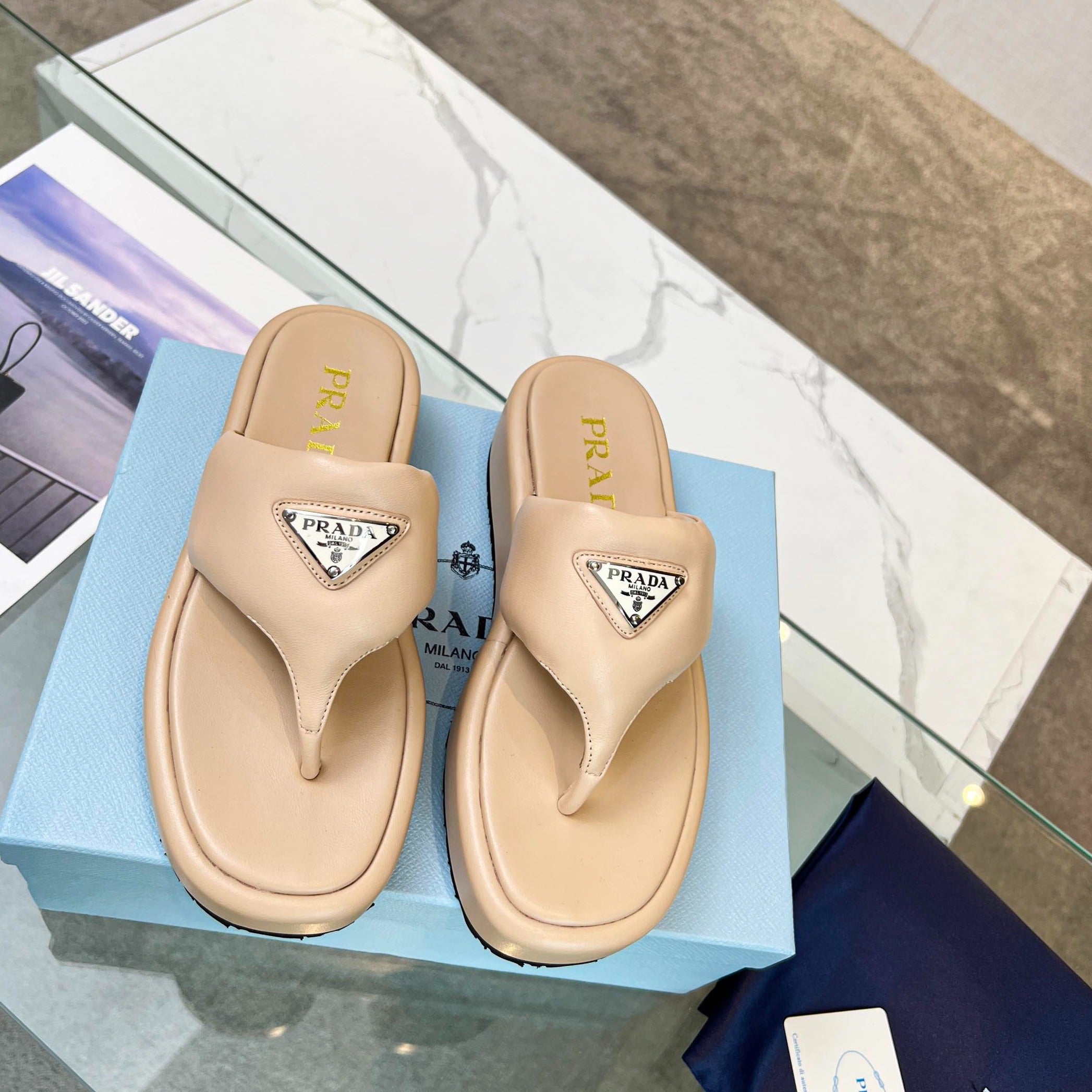 PRADA SOFT PADDED NAPPA THONG WEDGE SANLS TUSCAN LAMBSKIN