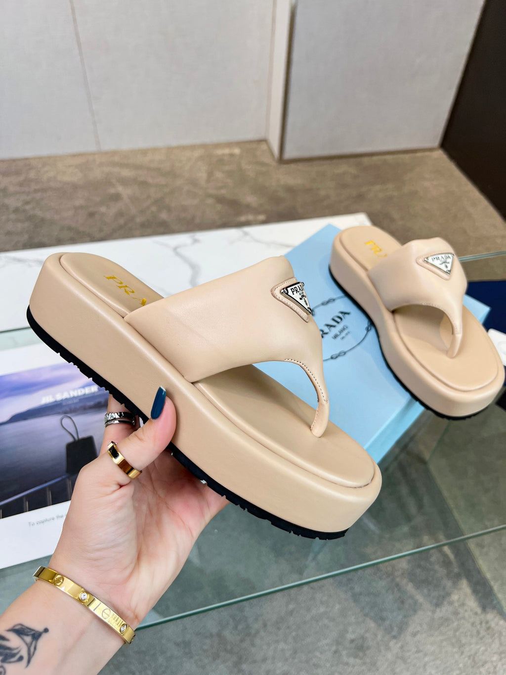 PRADA SOFT PADDED NAPPA THONG WEDGE SANLS TUSCAN LAMBSKIN