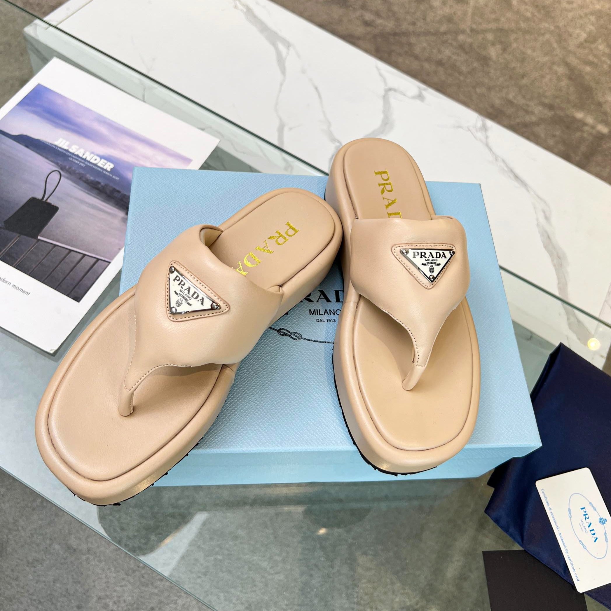 PRADA SOFT PADDED NAPPA THONG WEDGE SANLS TUSCAN LAMBSKIN