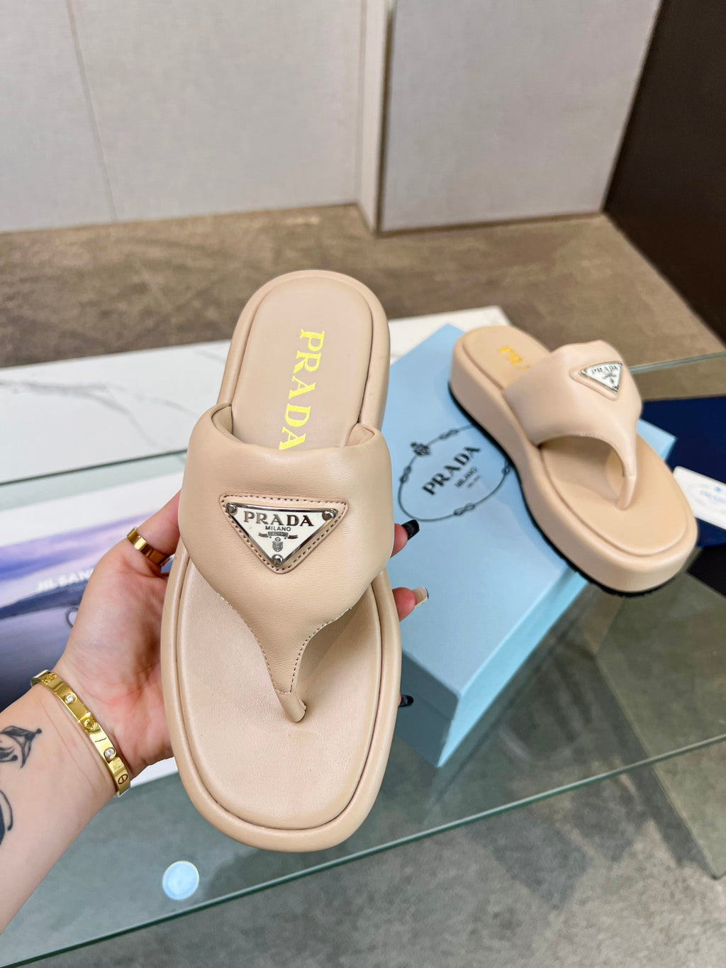 PRADA SOFT PADDED NAPPA THONG WEDGE SANLS TUSCAN LAMBSKIN