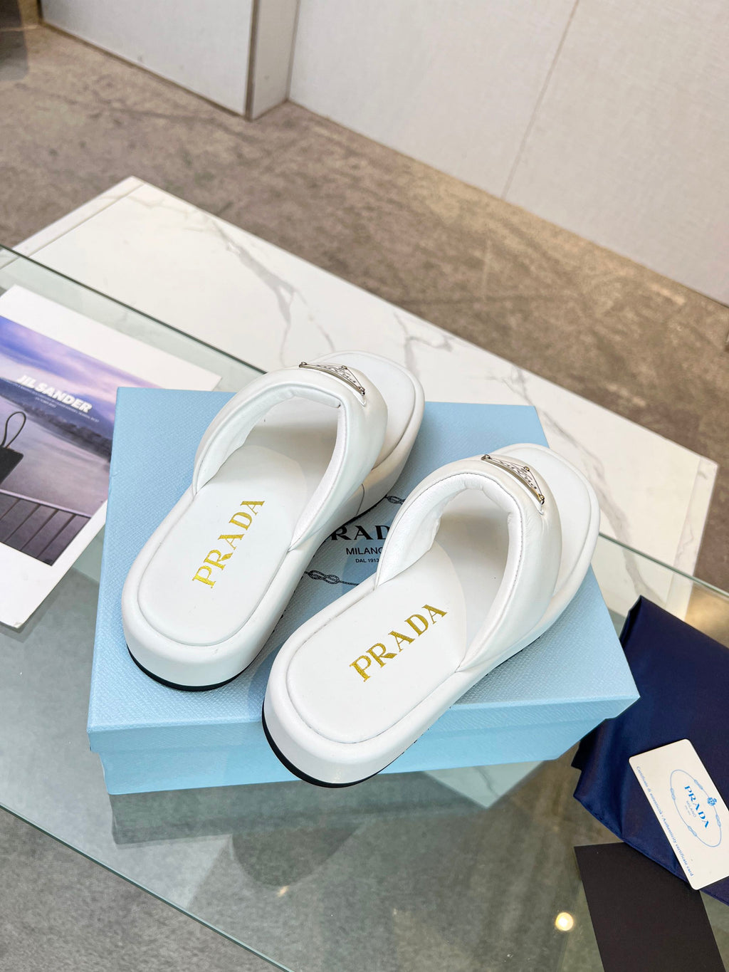 PRADA SOFT PADDED NAPPA THONG WEDGE SANLS WHITE LAMBSKIN