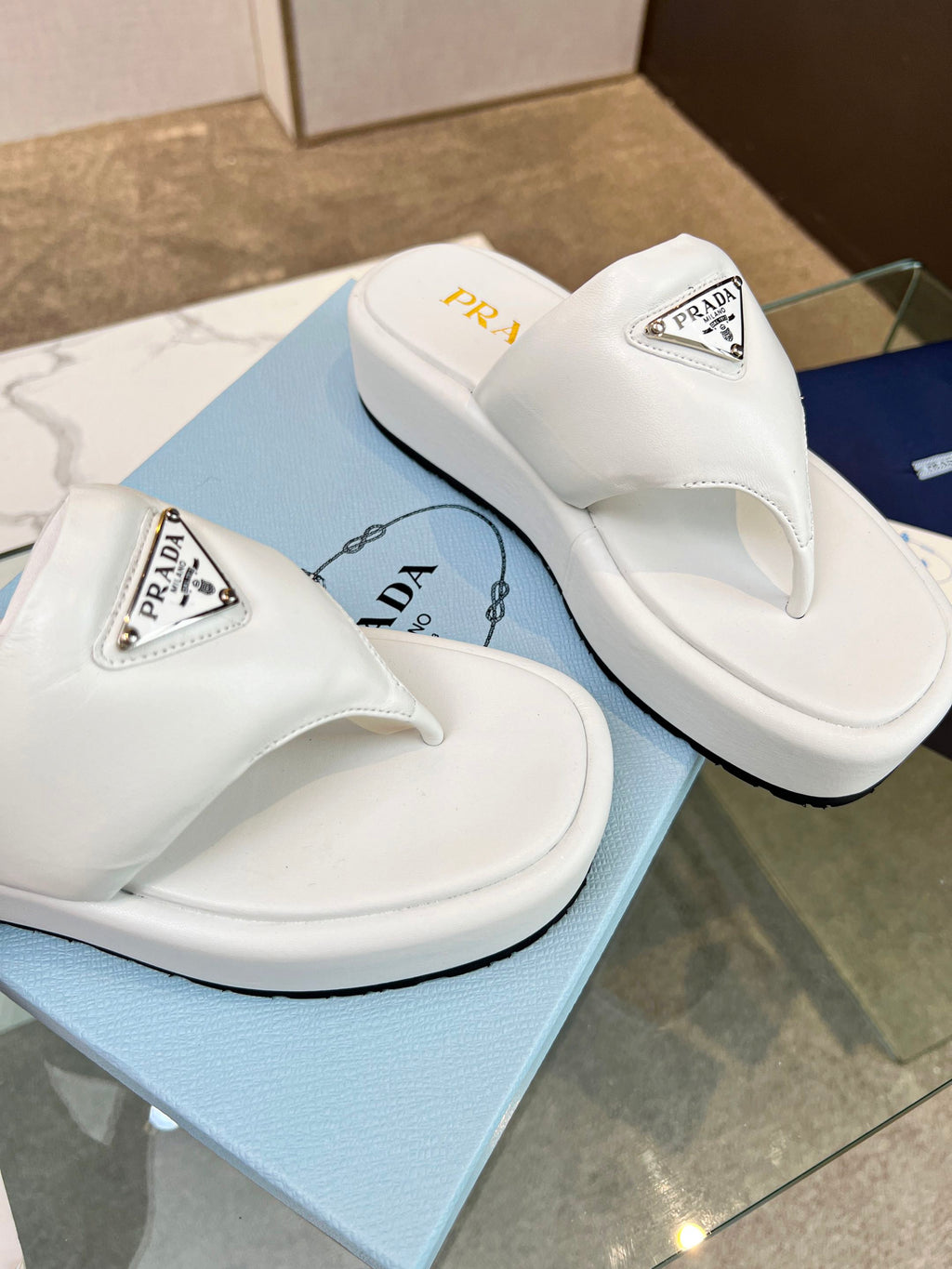 PRADA SOFT PADDED NAPPA THONG WEDGE SANLS WHITE LAMBSKIN