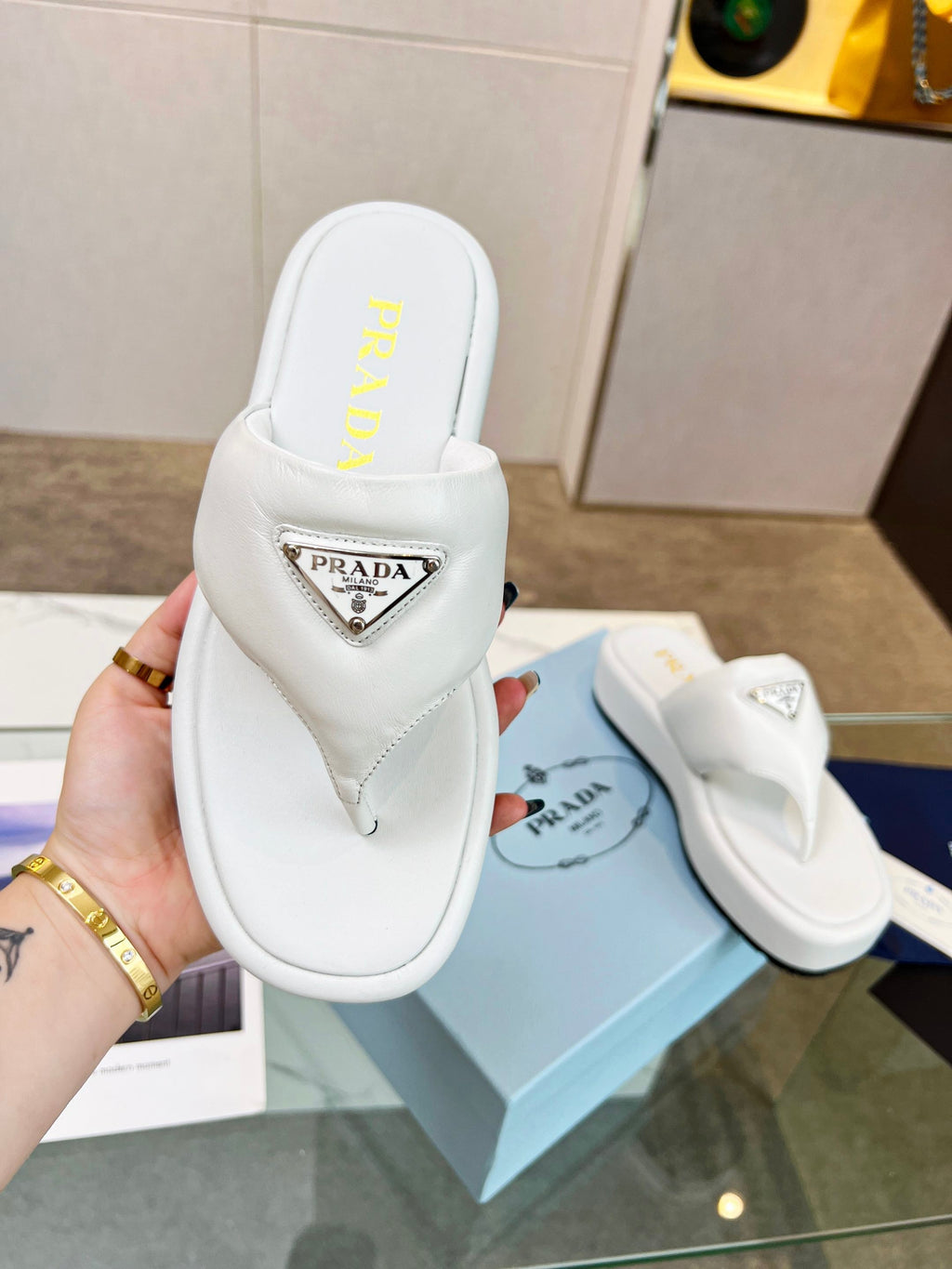 PRADA SOFT PADDED NAPPA THONG WEDGE SANLS WHITE LAMBSKIN