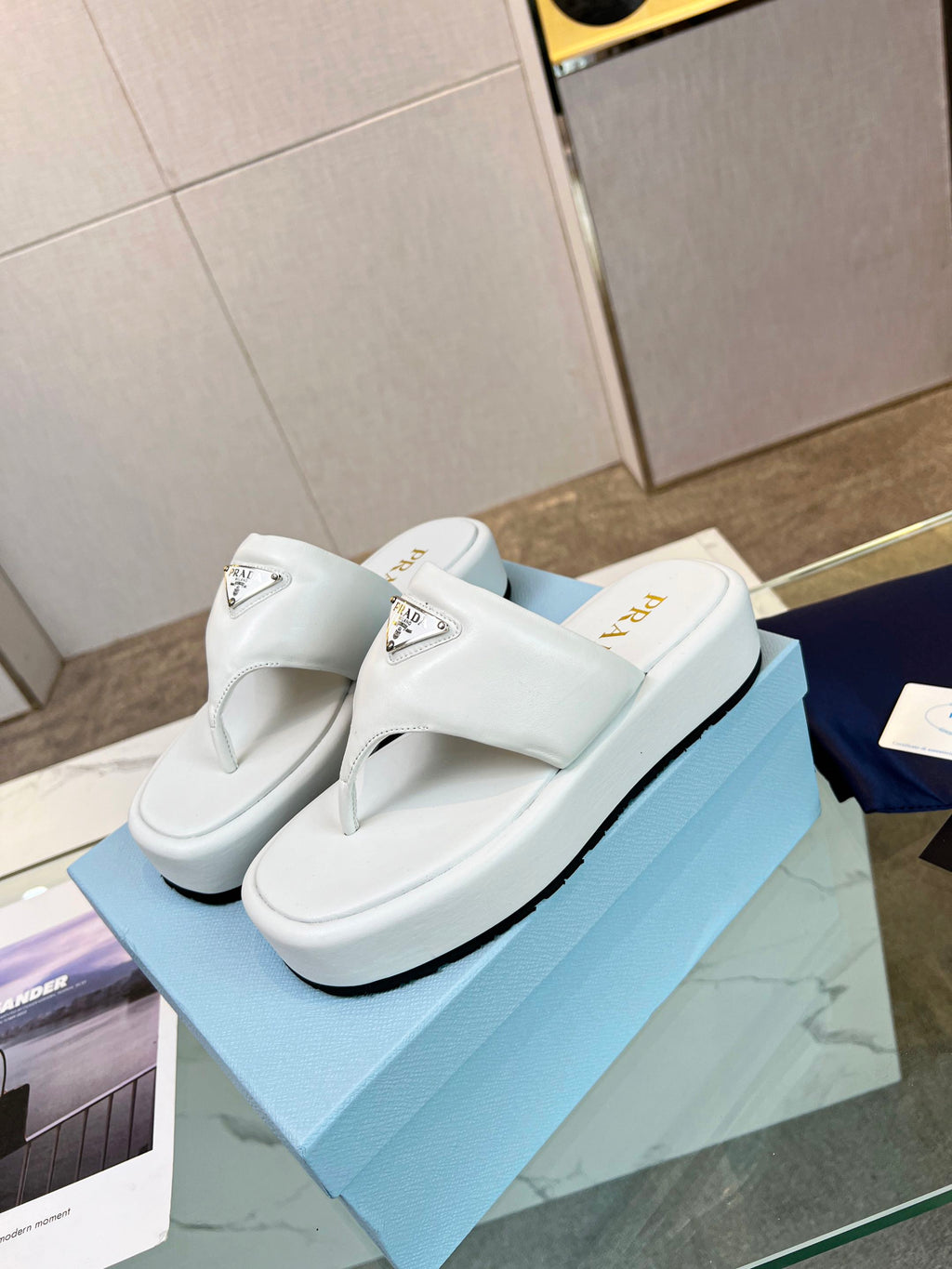 PRADA SOFT PADDED NAPPA THONG WEDGE SANLS WHITE LAMBSKIN