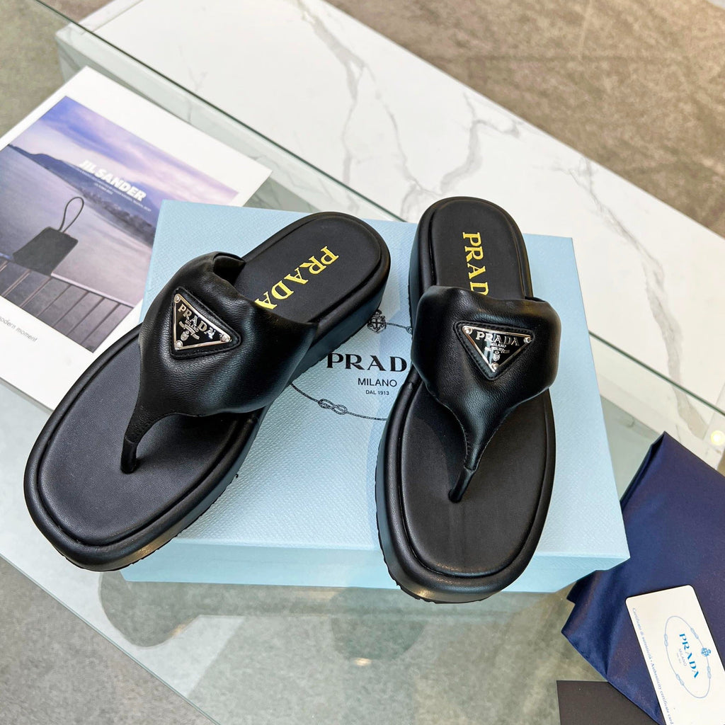 PRADA SOFT PADDED NAPPA THONG WEDGE SANLS BLACK LAMBSKIN