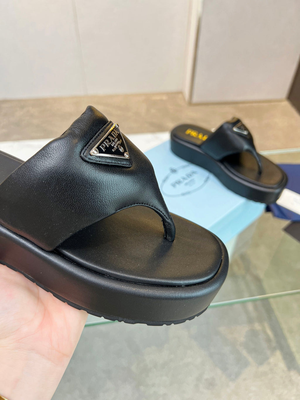 PRADA SOFT PADDED NAPPA THONG WEDGE SANLS BLACK LAMBSKIN