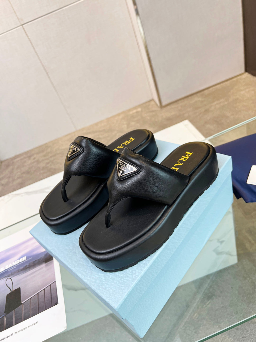 PRADA SOFT PADDED NAPPA THONG WEDGE SANLS BLACK LAMBSKIN