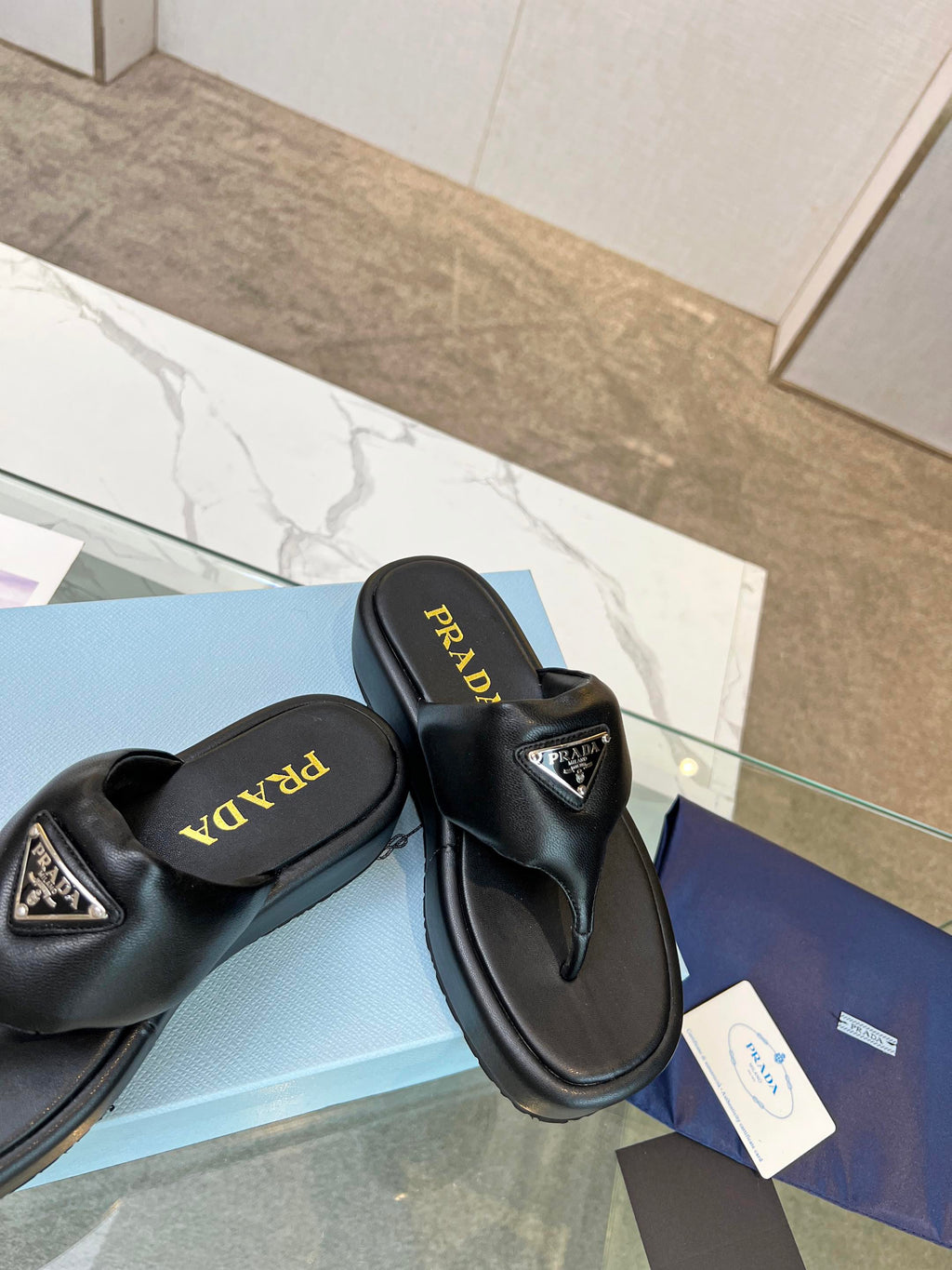 PRADA SOFT PADDED NAPPA THONG WEDGE SANLS BLACK LAMBSKIN