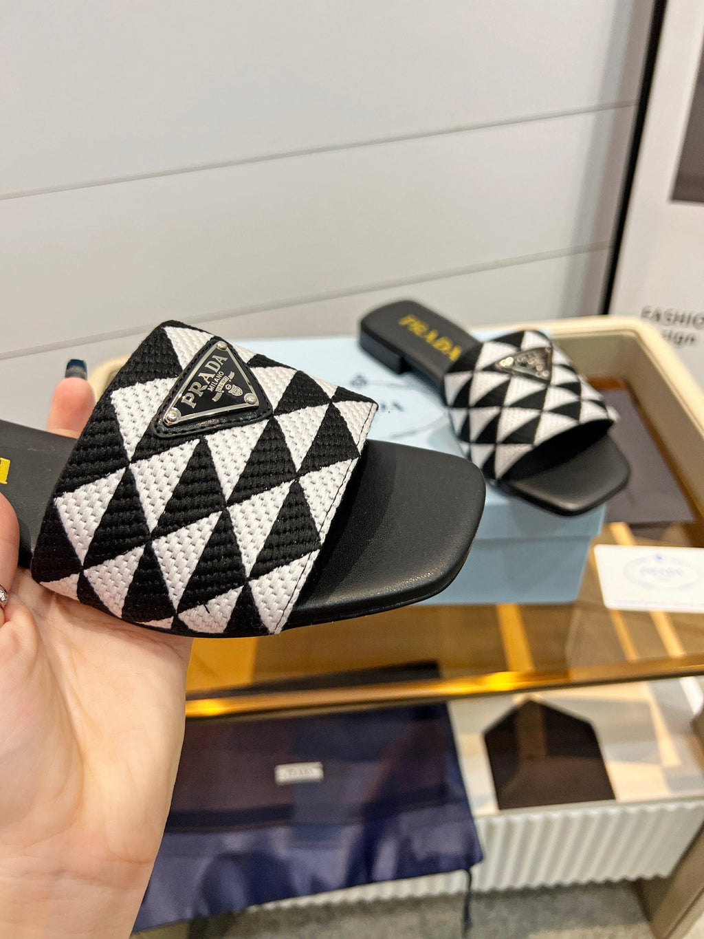 PRADA EMBROIDERED SLIDES FLAT BLACK AND WHITE FABRIC