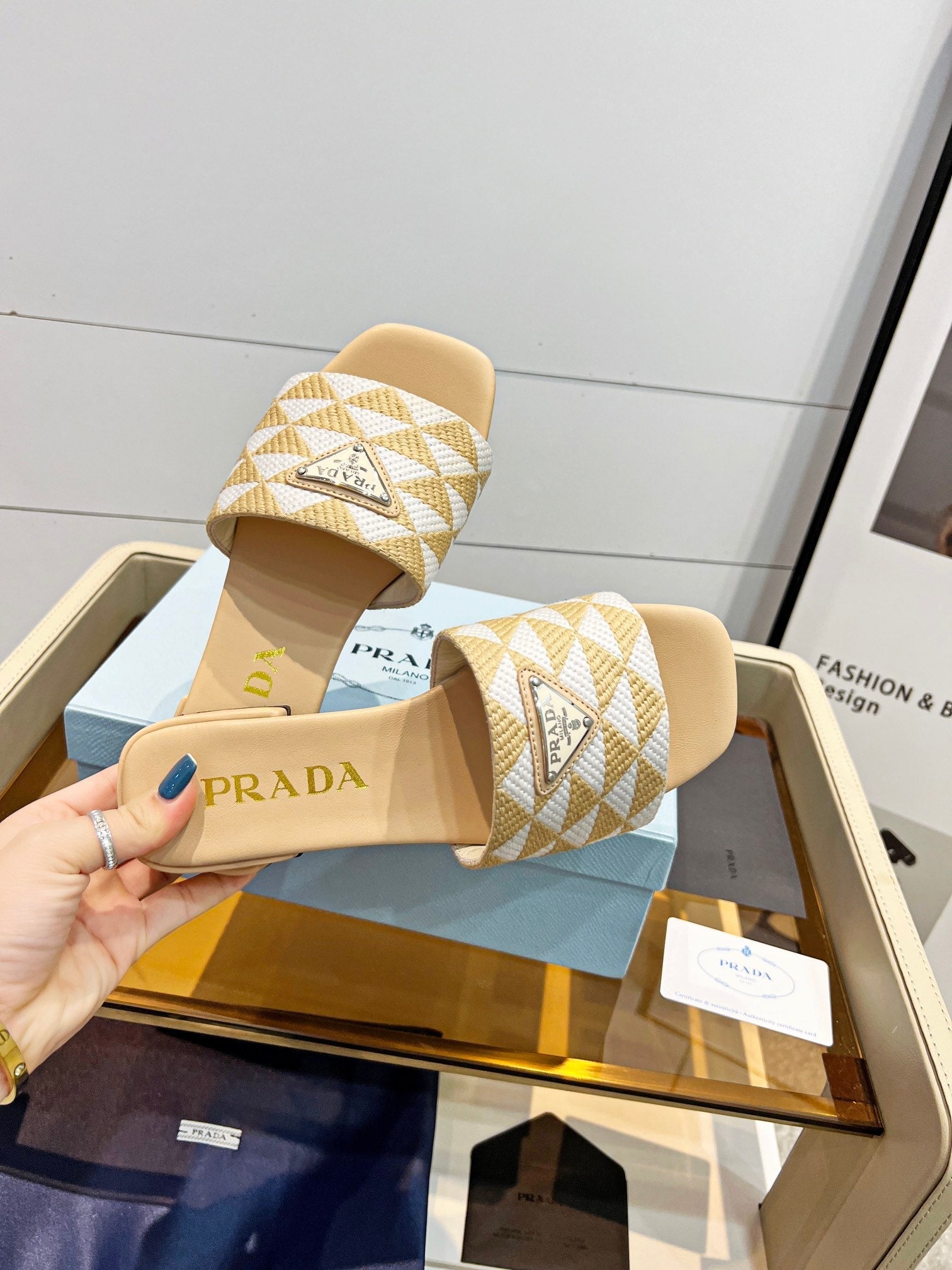 PRADA EMBROIDERED SLIDES FLAT BEIGE FABRIC