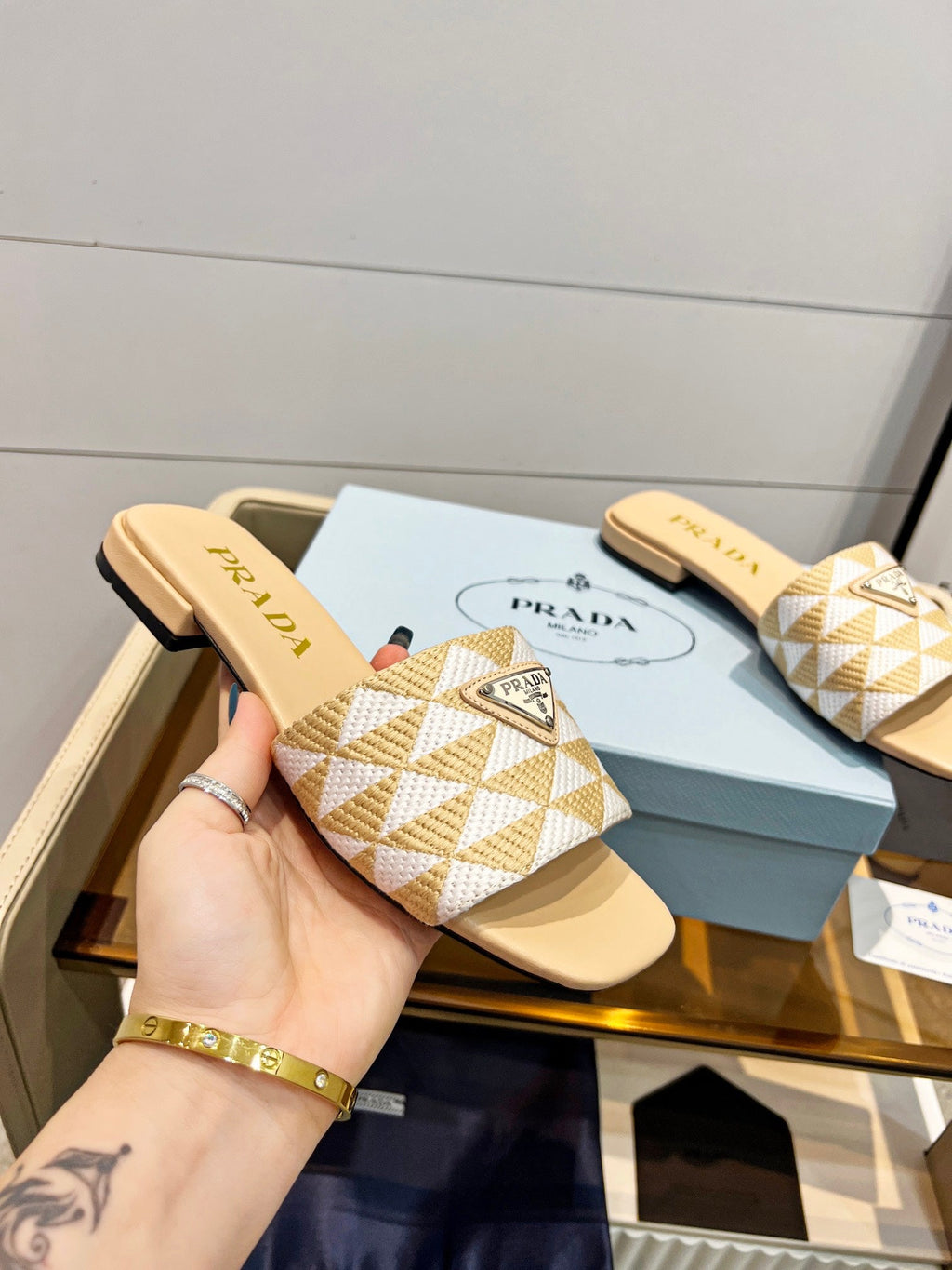 PRADA EMBROIDERED SLIDES FLAT BEIGE FABRIC