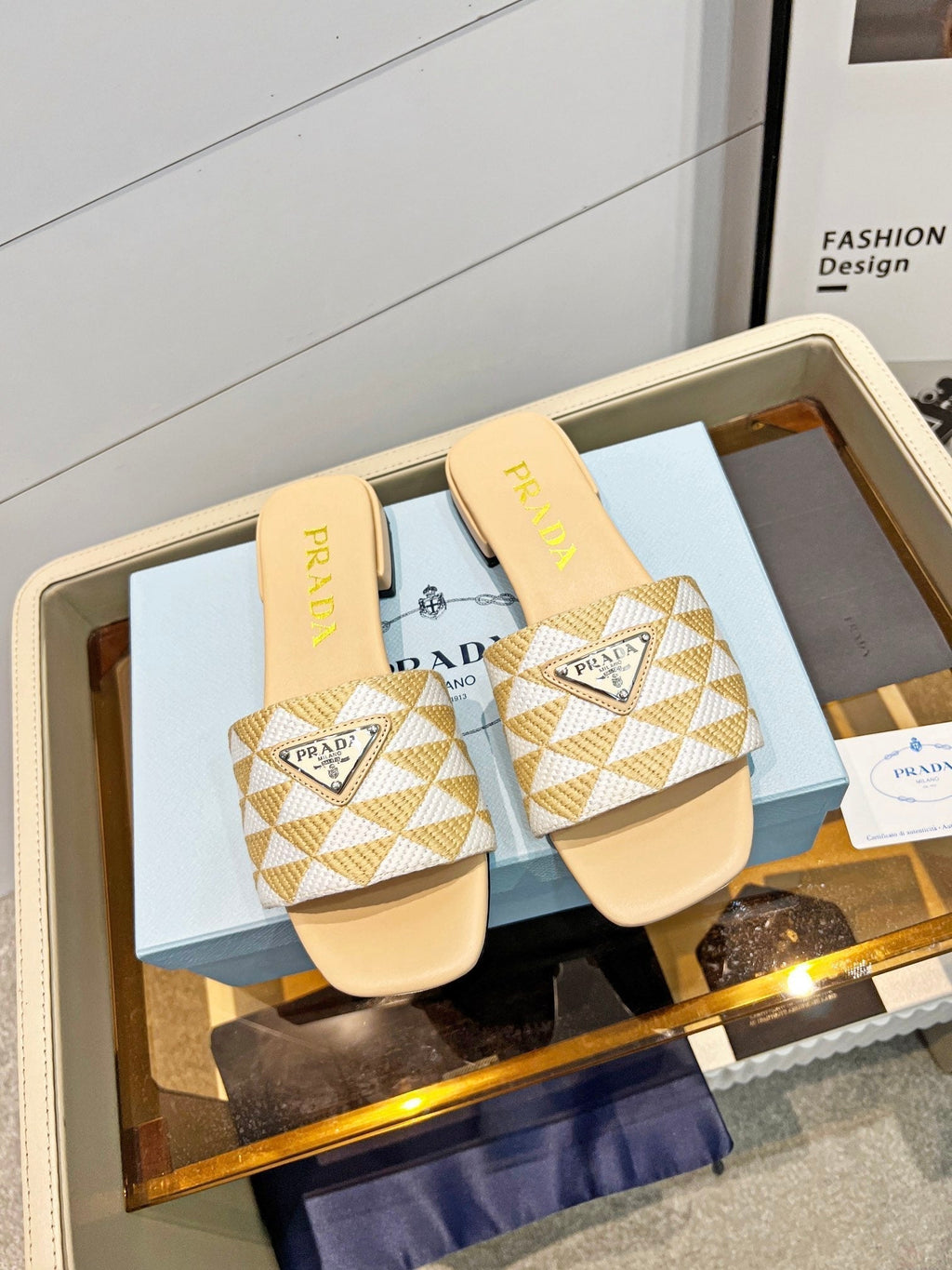 PRADA EMBROIDERED SLIDES FLAT BEIGE FABRIC