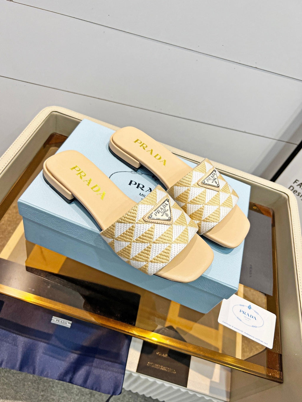 PRADA EMBROIDERED SLIDES FLAT BEIGE FABRIC
