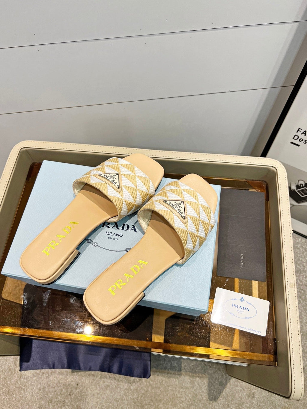 PRADA EMBROIDERED SLIDES FLAT BEIGE FABRIC