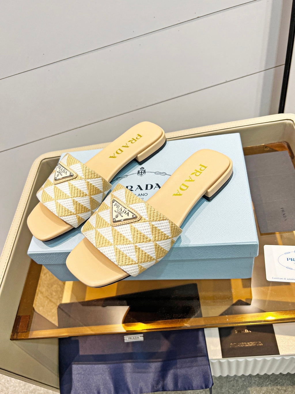 PRADA EMBROIDERED SLIDES FLAT BEIGE FABRIC