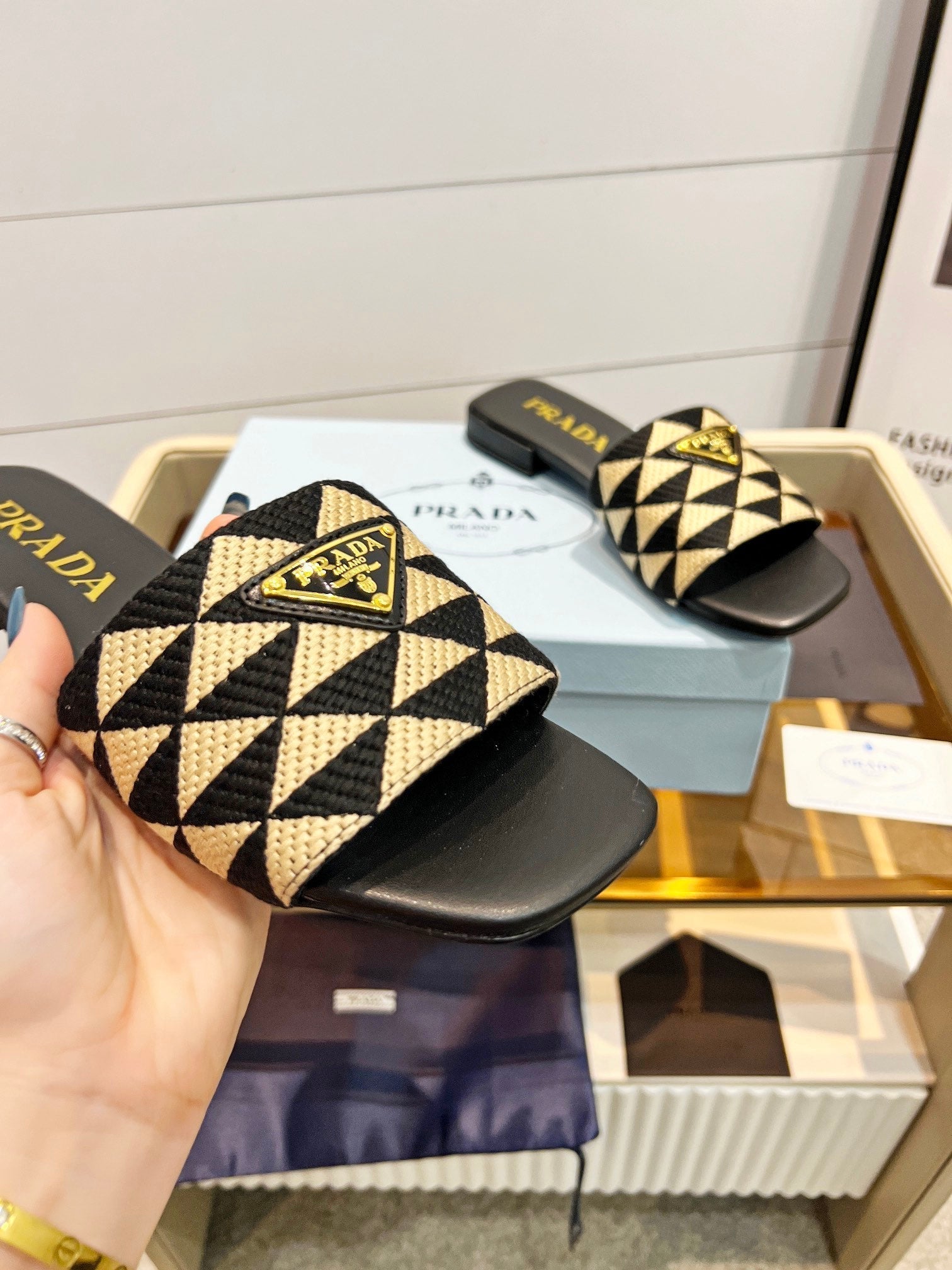 PRADA EMBROIDERED SLIDES FLAT BLACK AND BEIGE FABRIC