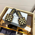 PRADA EMBROIDERED SLIDES FLAT BLACK AND BEIGE FABRIC