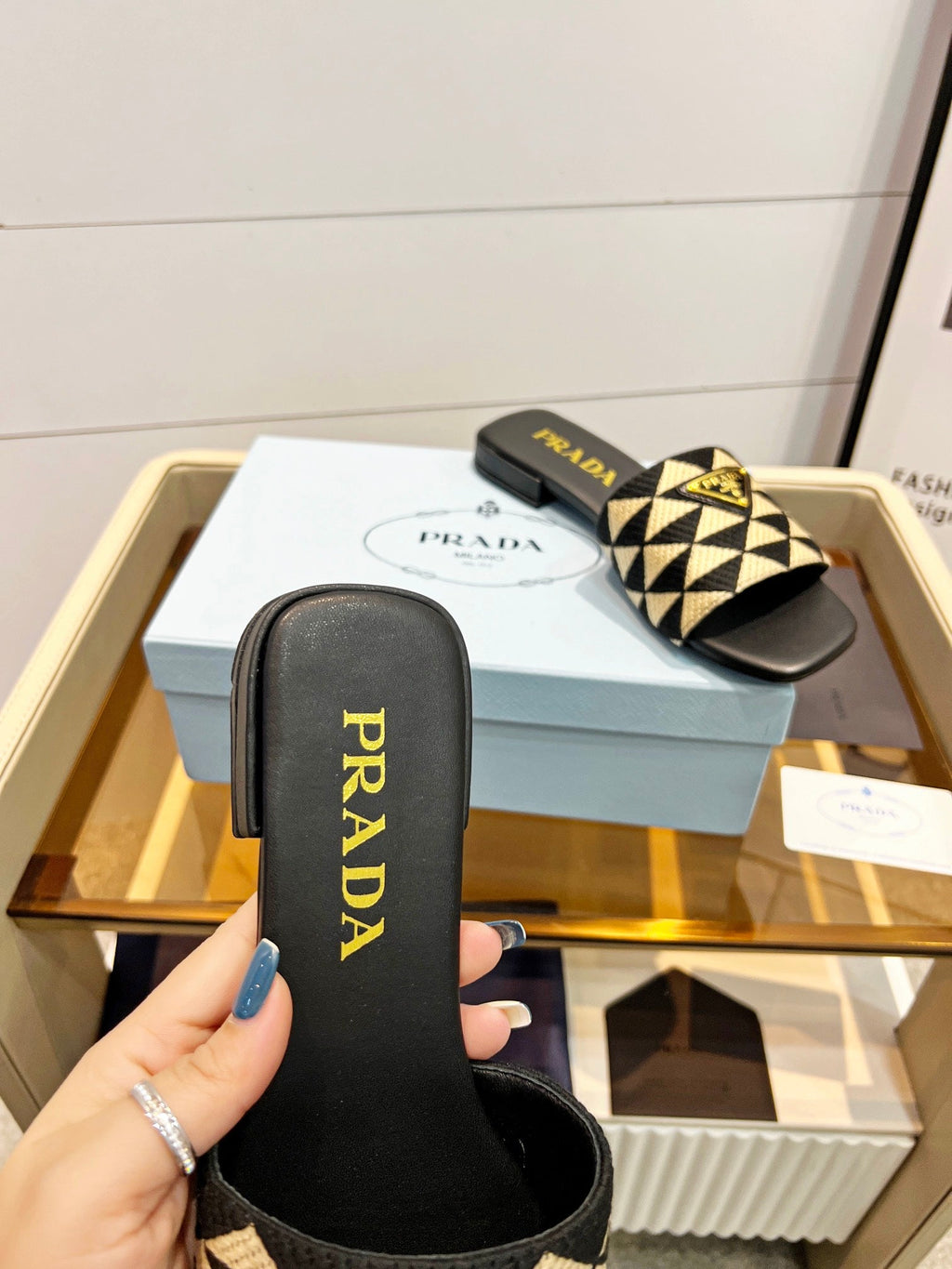 PRADA EMBROIDERED SLIDES FLAT BLACK AND BEIGE FABRIC