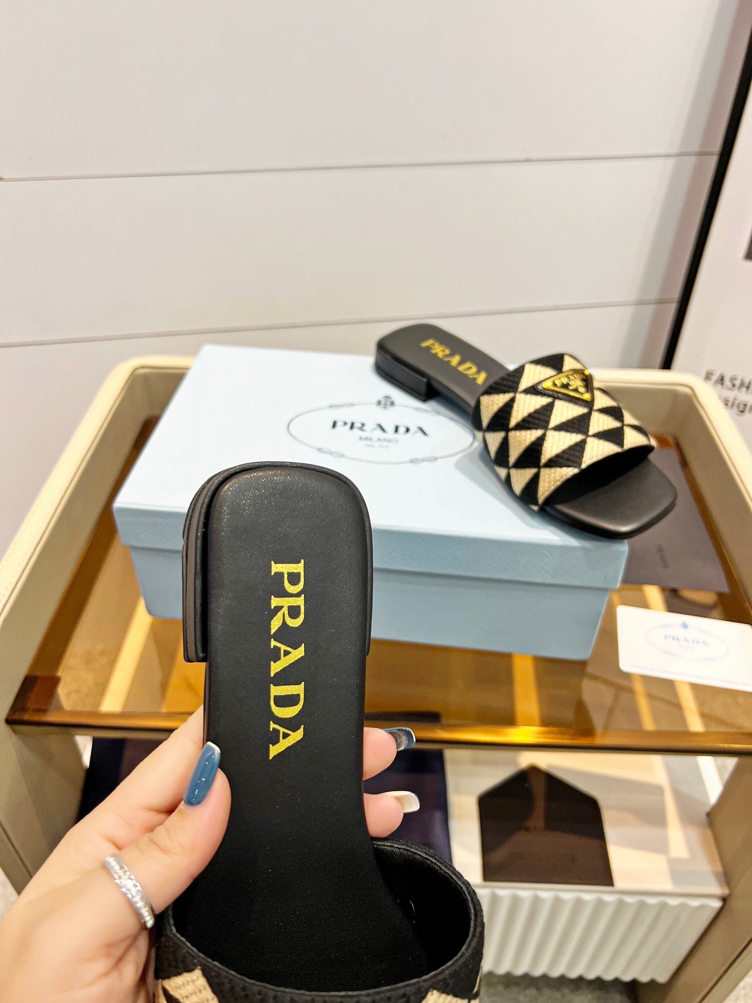 PRADA EMBROIDERED SLIDES FLAT BLACK AND BEIGE FABRIC