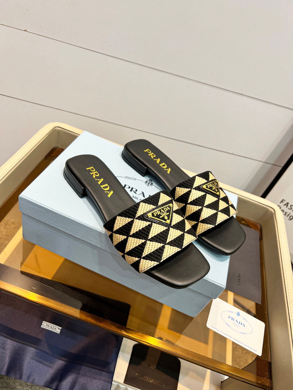PRADA EMBROIDERED SLIDES FLAT BLACK AND BEIGE FABRIC