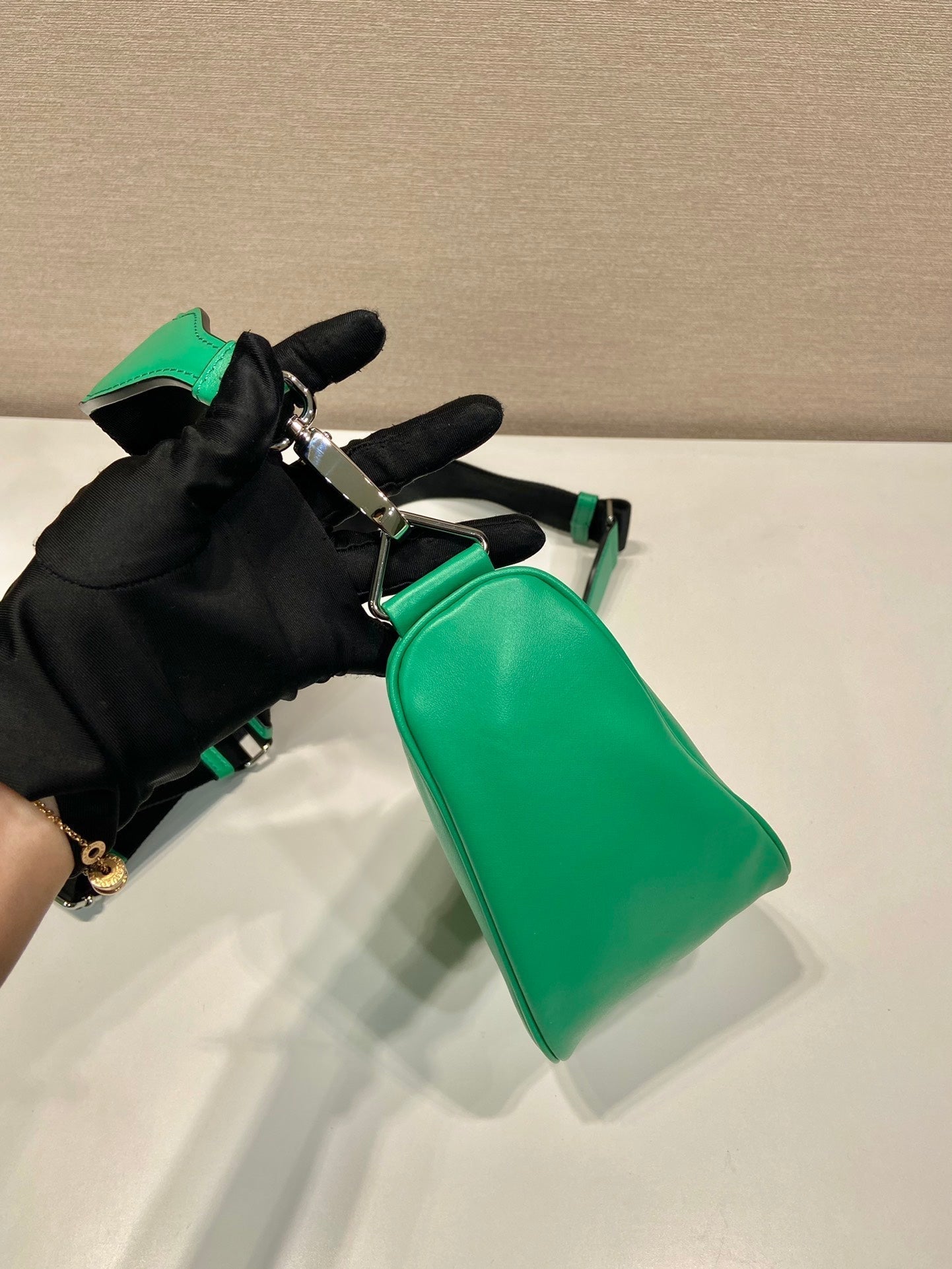 PRADA TRIANGULAR BAG 27 IN GO GREEN SMOOTH LAMBSKIN