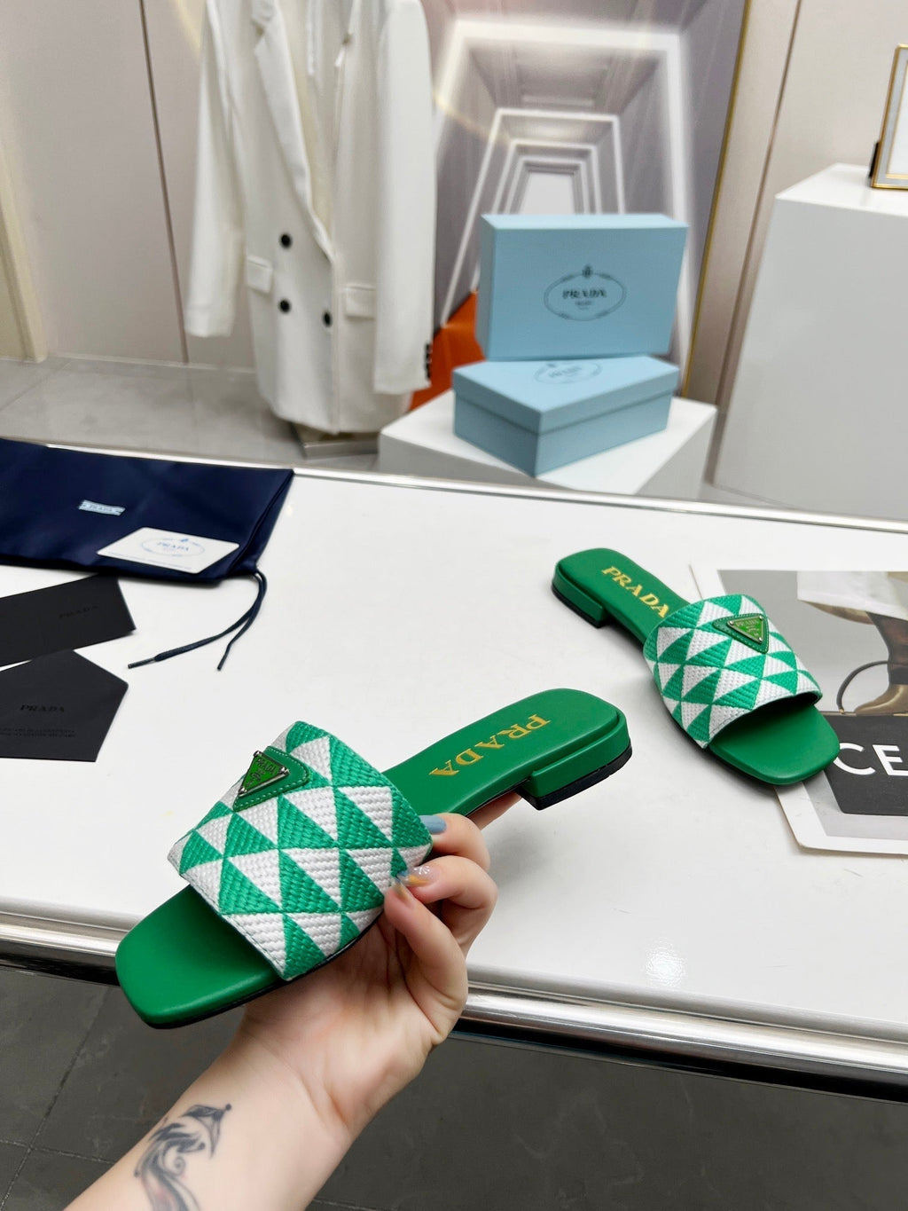 PRADA EMBROIDERED SLIDES FLAT GREEN FABRIC