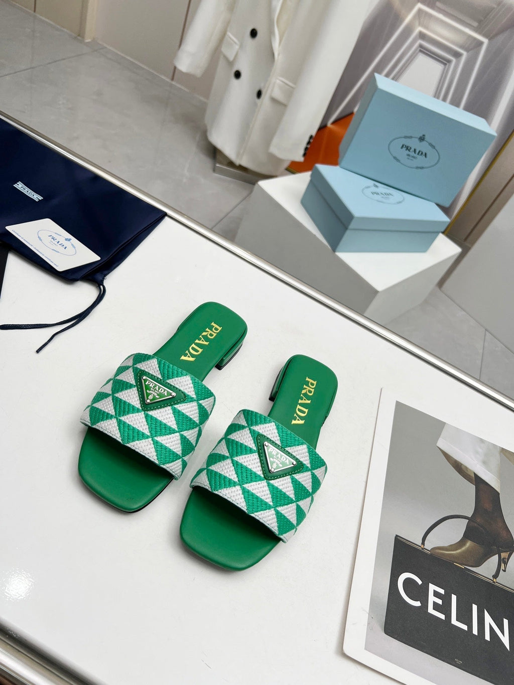 PRADA EMBROIDERED SLIDES FLAT GREEN FABRIC