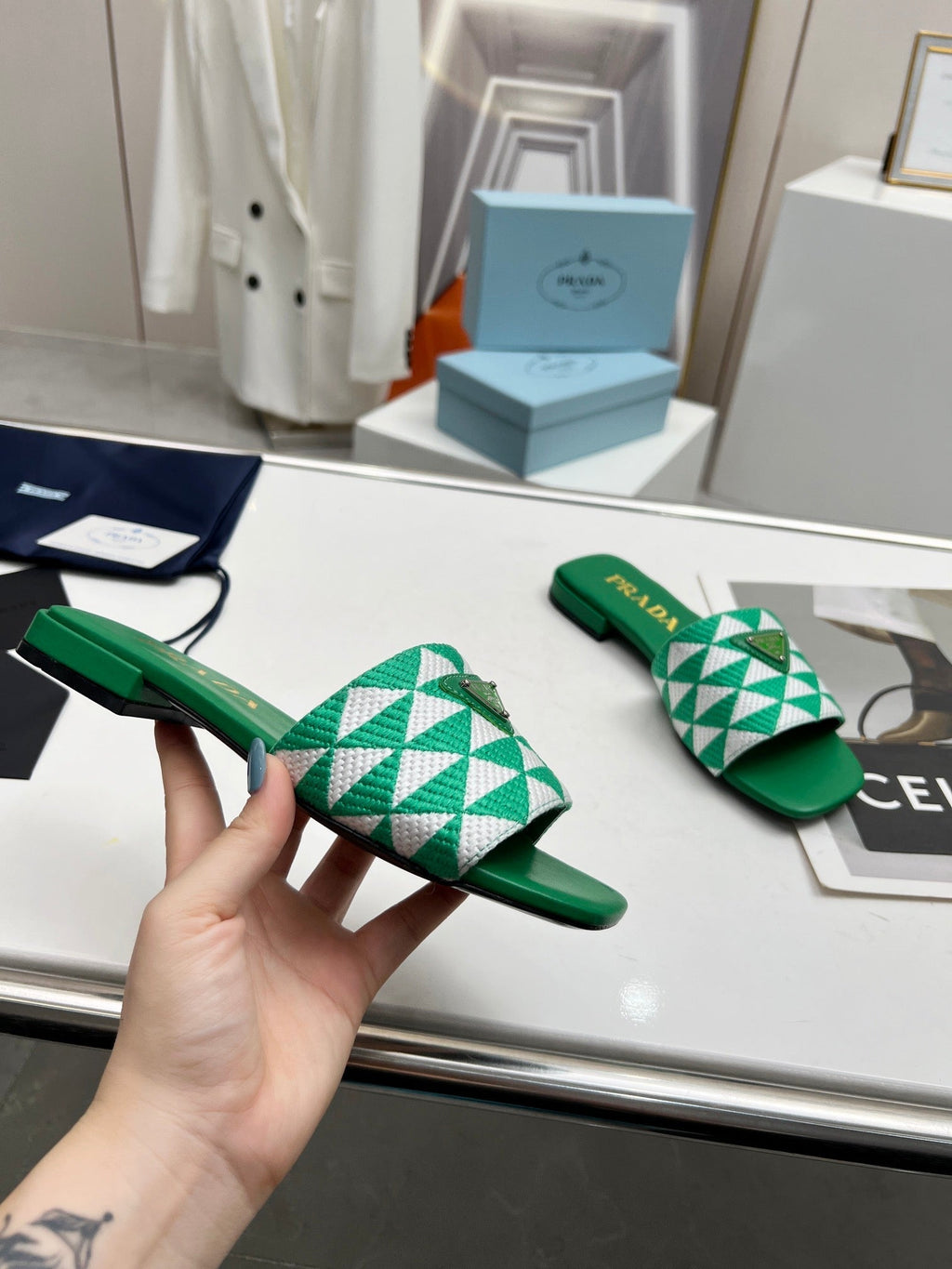 PRADA EMBROIDERED SLIDES FLAT GREEN FABRIC