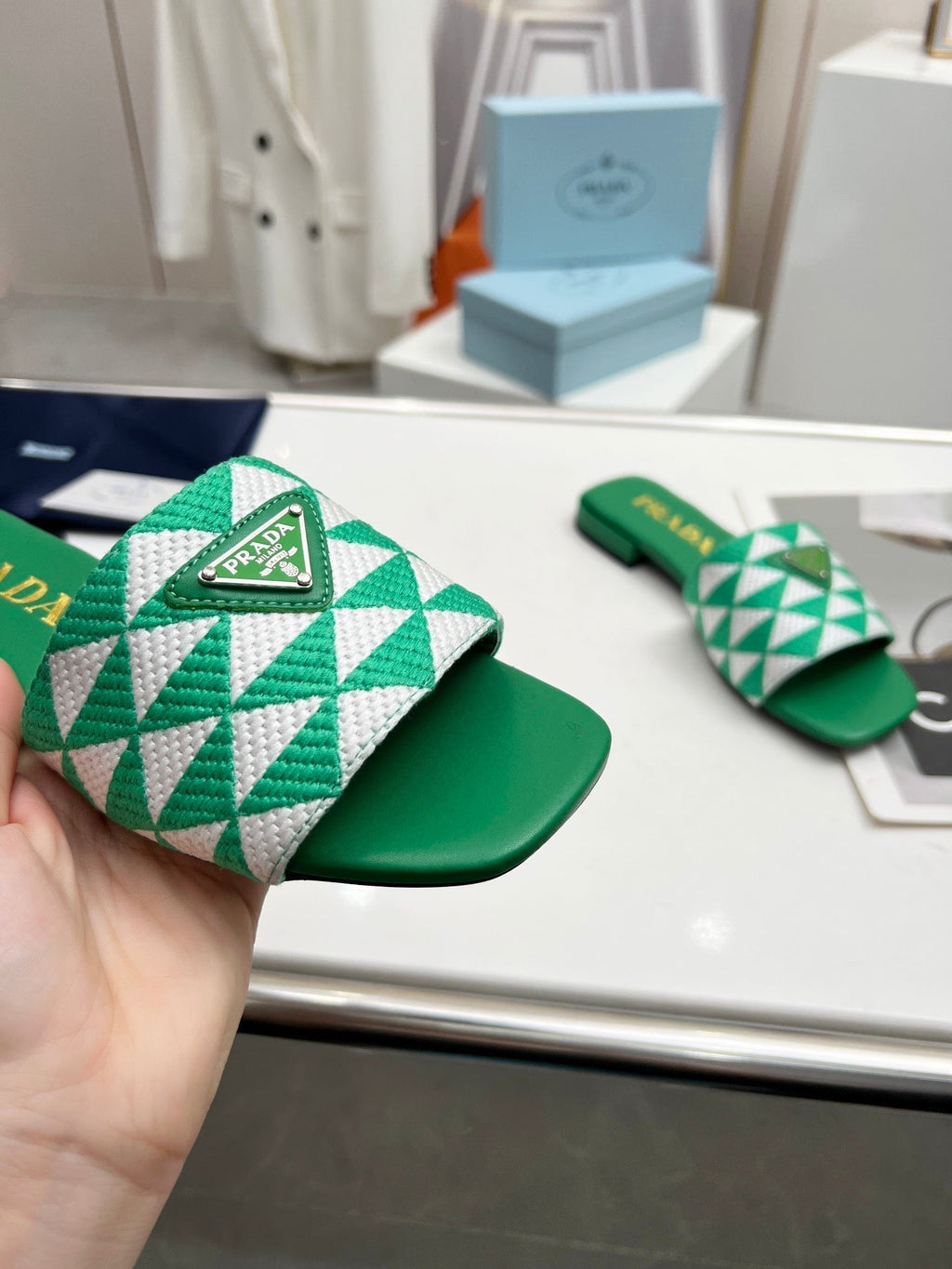 PRADA EMBROIDERED SLIDES FLAT GREEN FABRIC