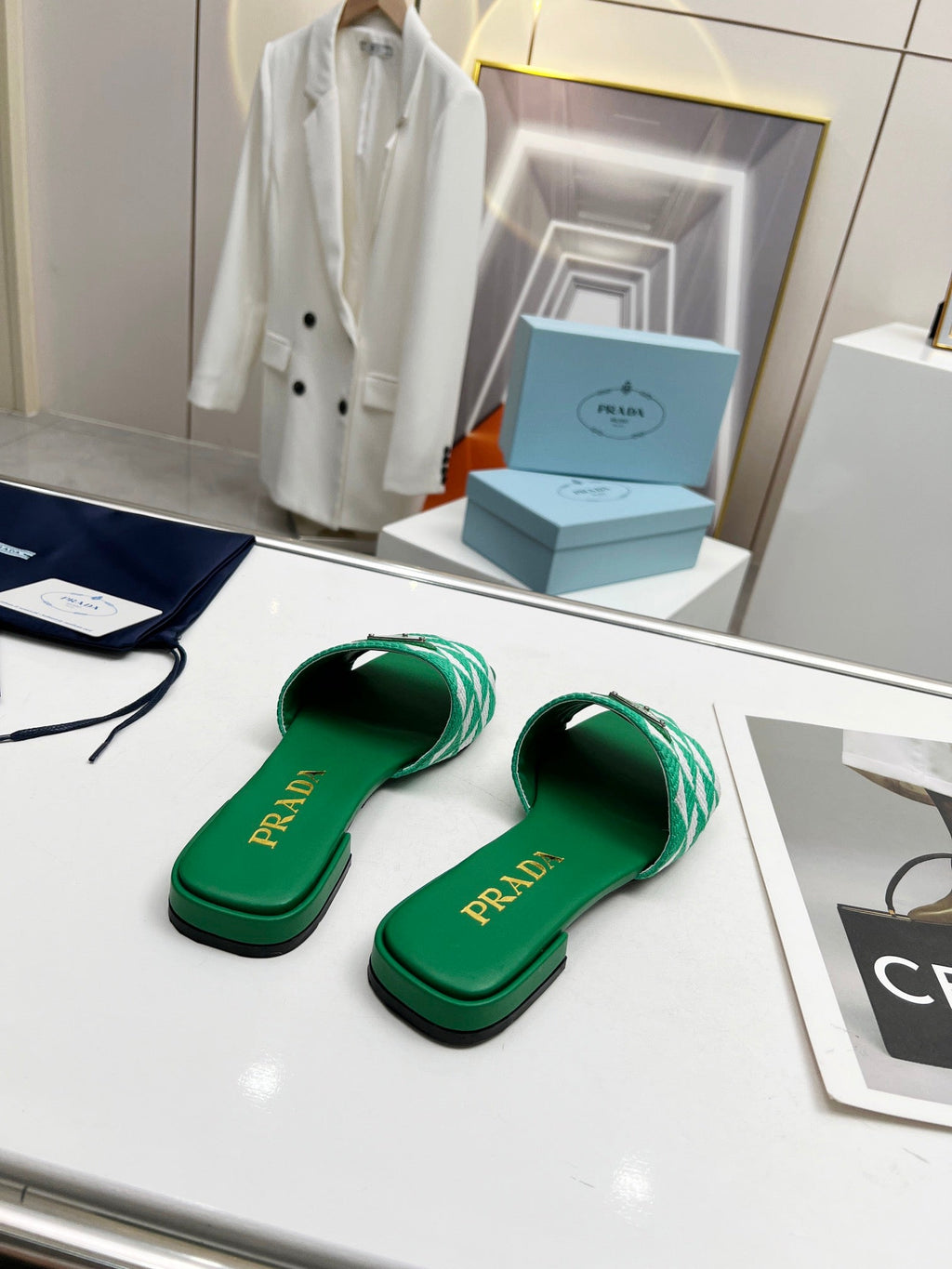 PRADA EMBROIDERED SLIDES FLAT GREEN FABRIC