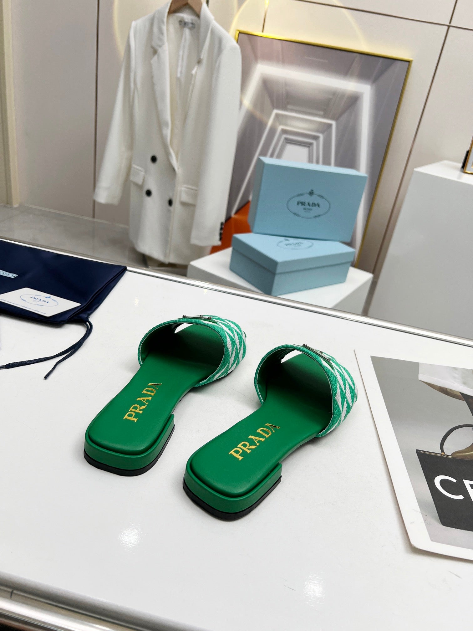 PRADA EMBROIDERED SLIDES FLAT GREEN FABRIC