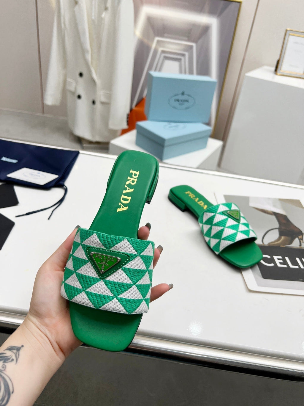 PRADA EMBROIDERED SLIDES FLAT GREEN FABRIC