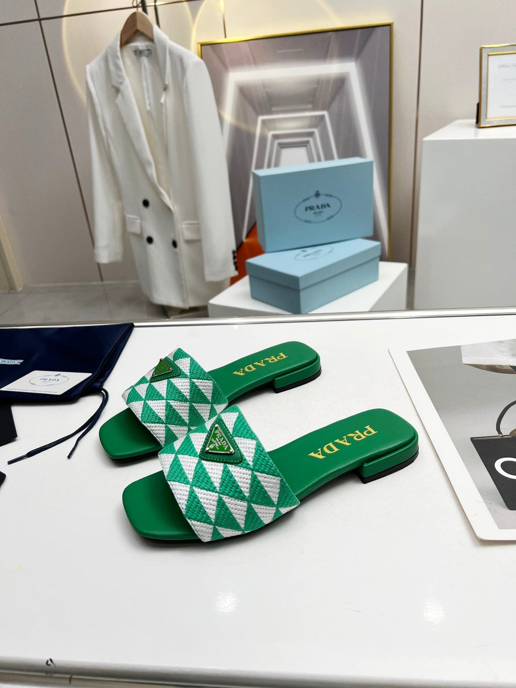 PRADA EMBROIDERED SLIDES FLAT GREEN FABRIC