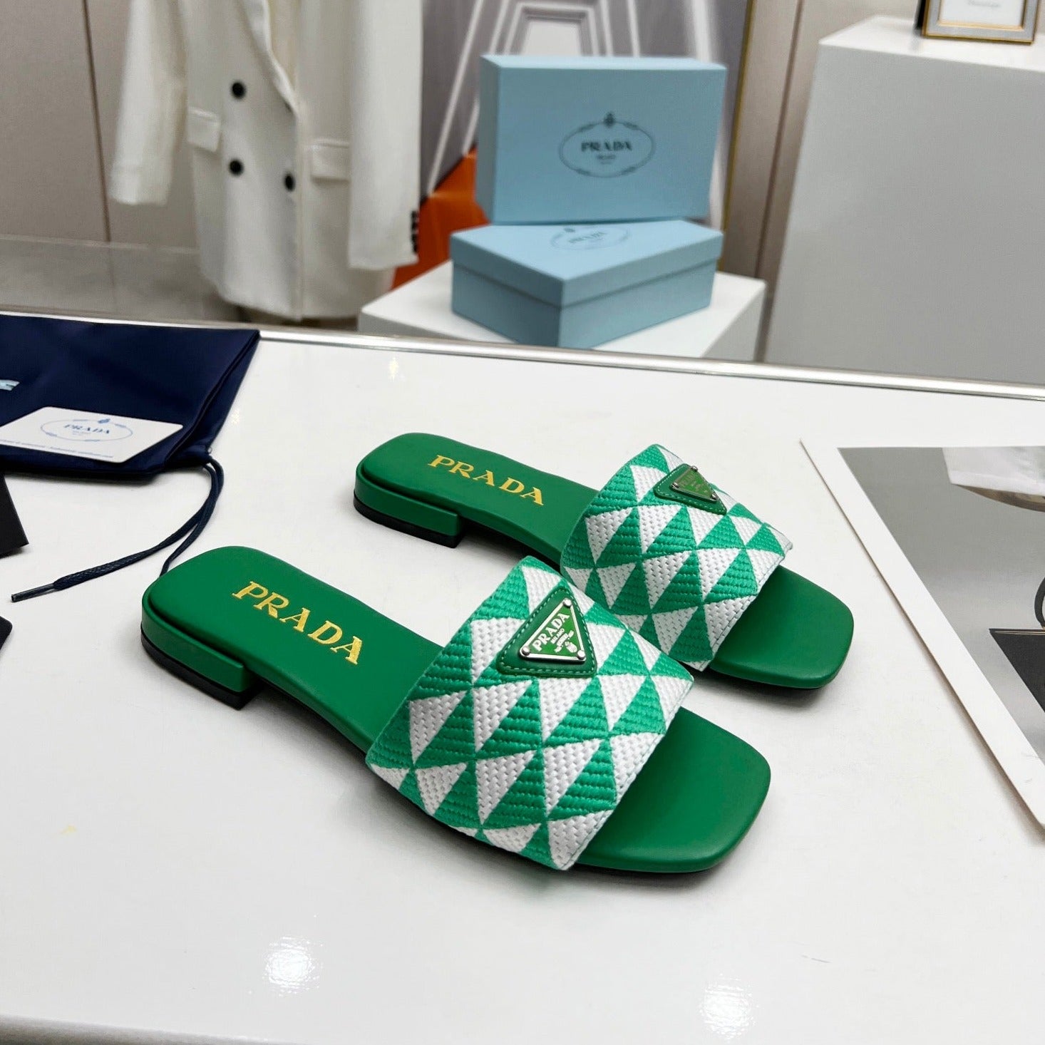 PRADA EMBROIDERED SLIDES FLAT GREEN FABRIC