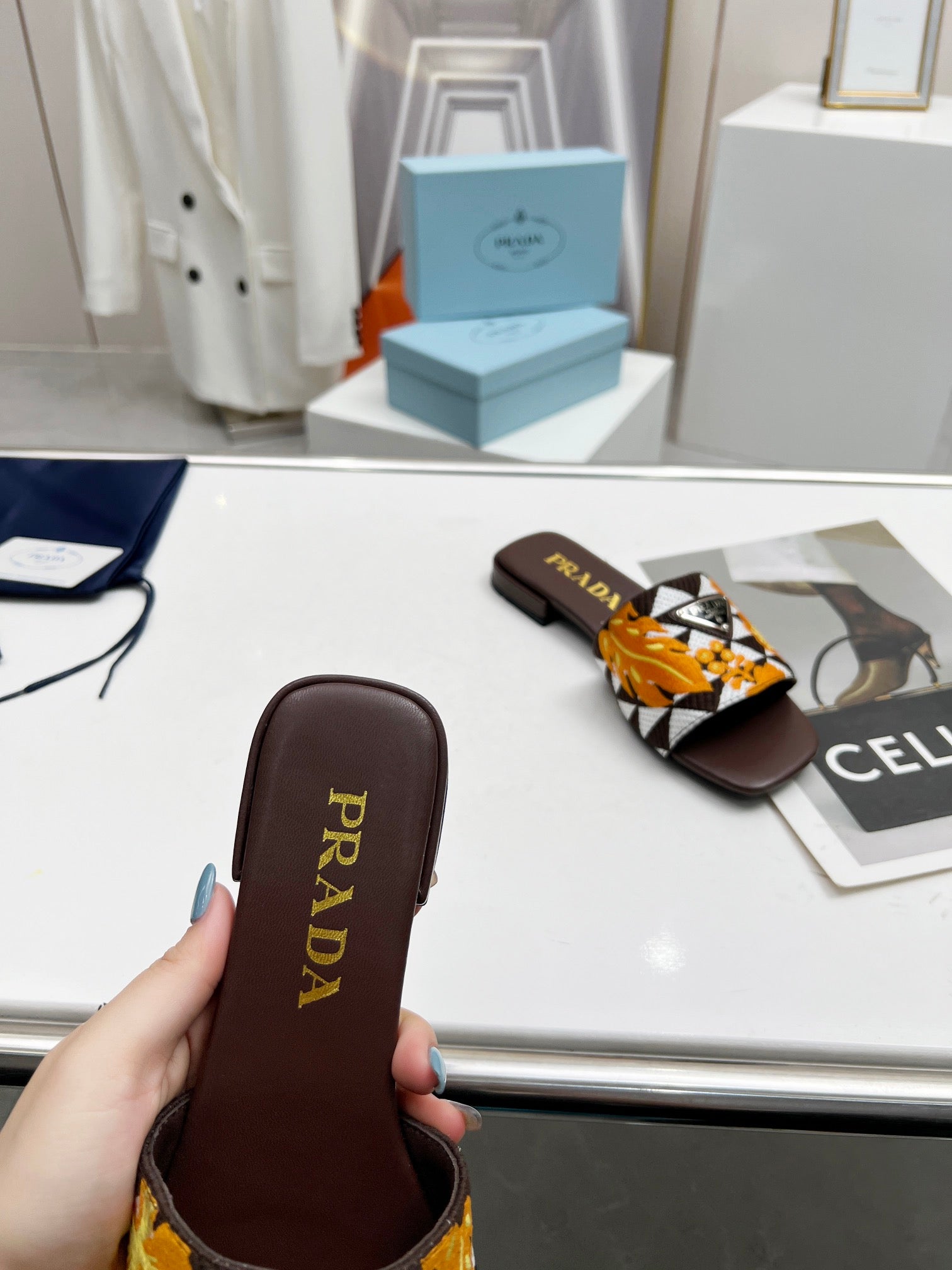 PRADA EMBROIDERED SLIDES FLAT CHOCOLATE FABRIC