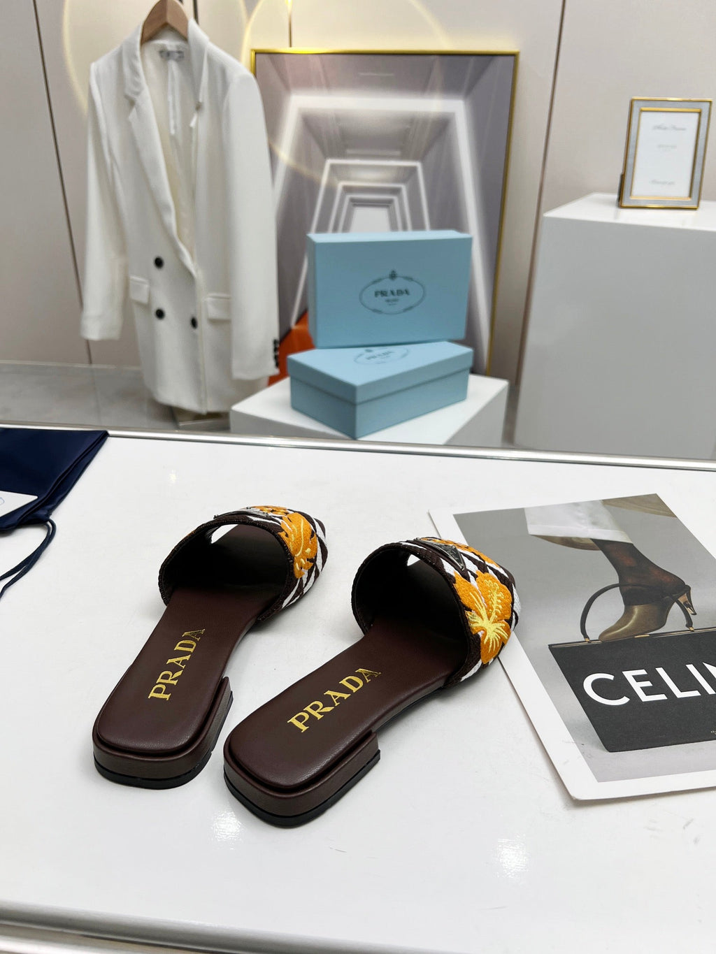 PRADA EMBROIDERED SLIDES FLAT CHOCOLATE FABRIC