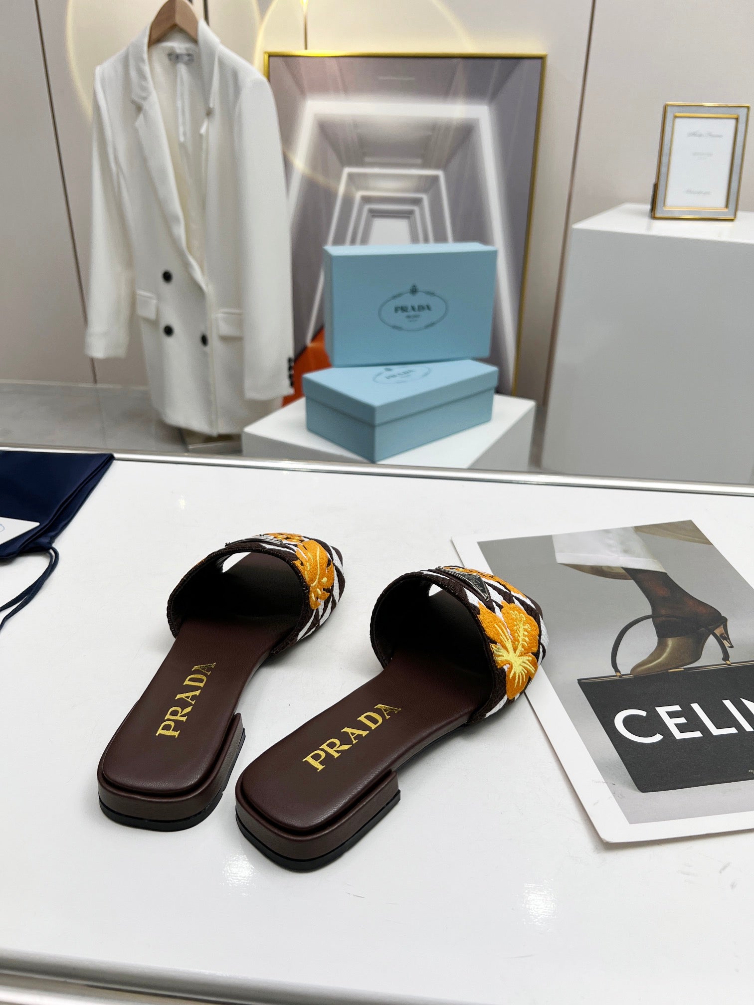 PRADA EMBROIDERED SLIDES FLAT CHOCOLATE FABRIC