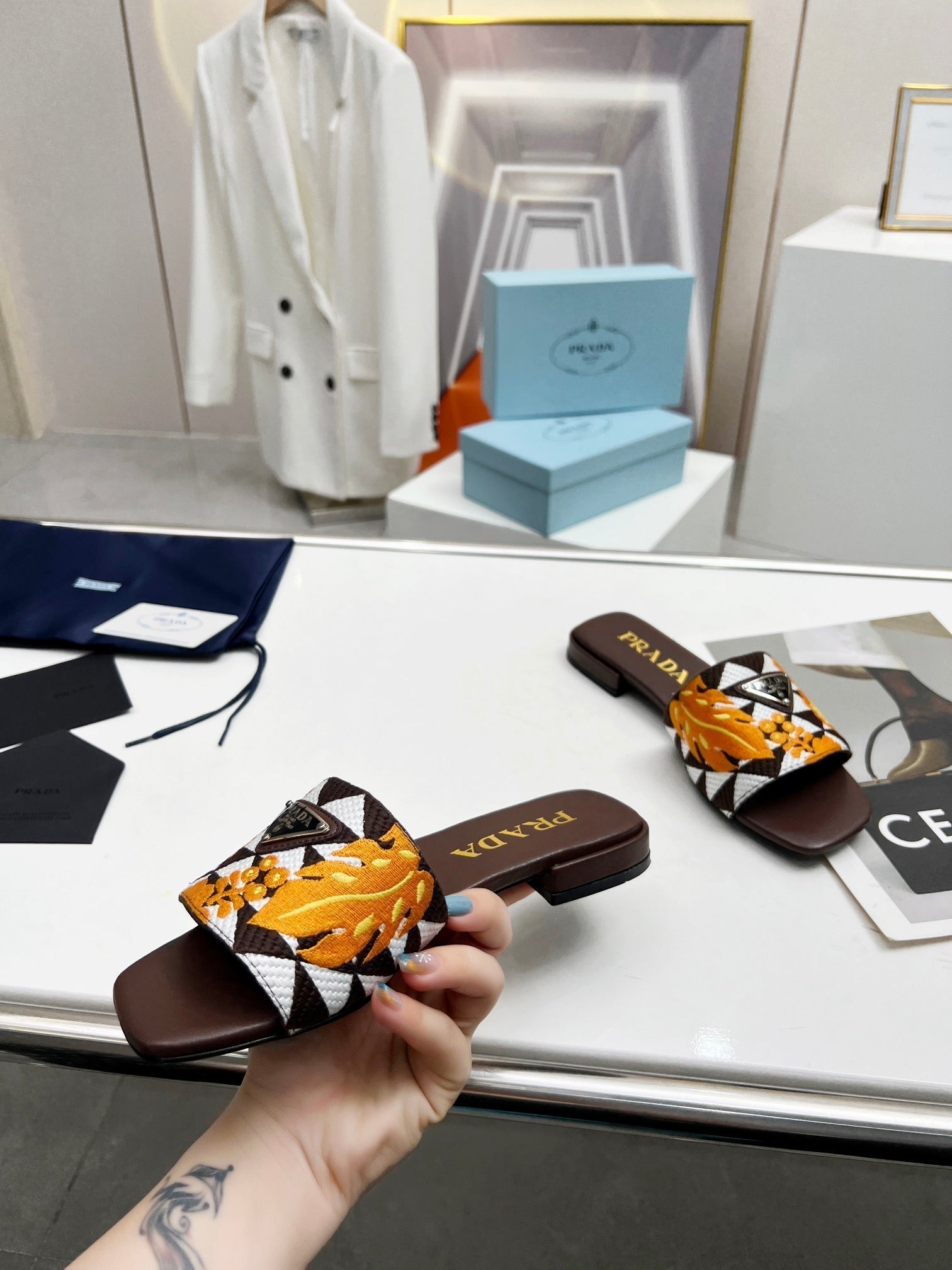 PRADA EMBROIDERED SLIDES FLAT CHOCOLATE FABRIC