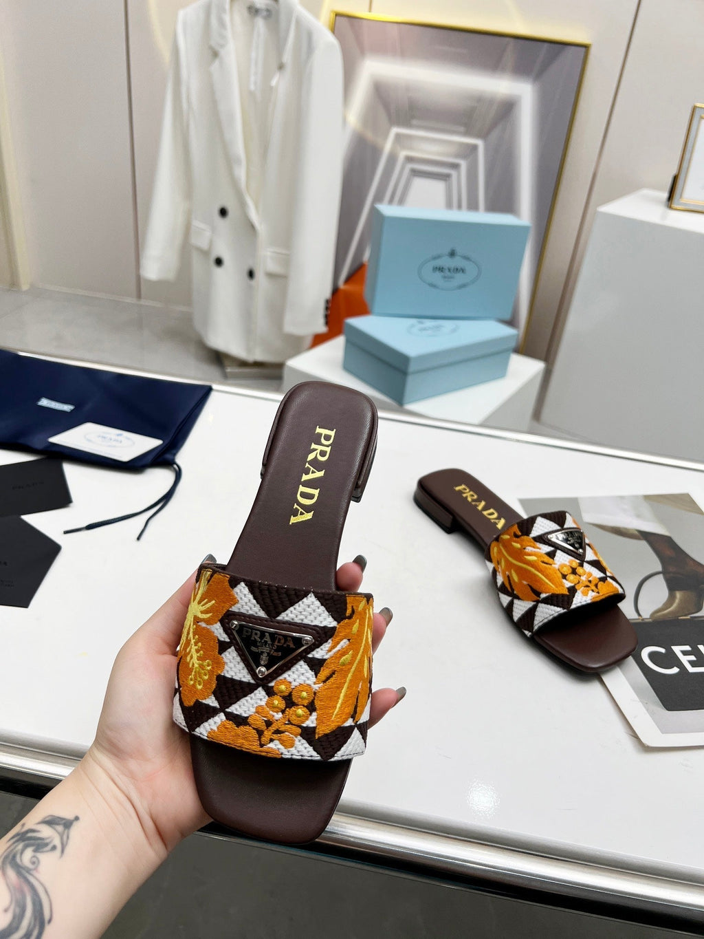 PRADA EMBROIDERED SLIDES FLAT CHOCOLATE FABRIC