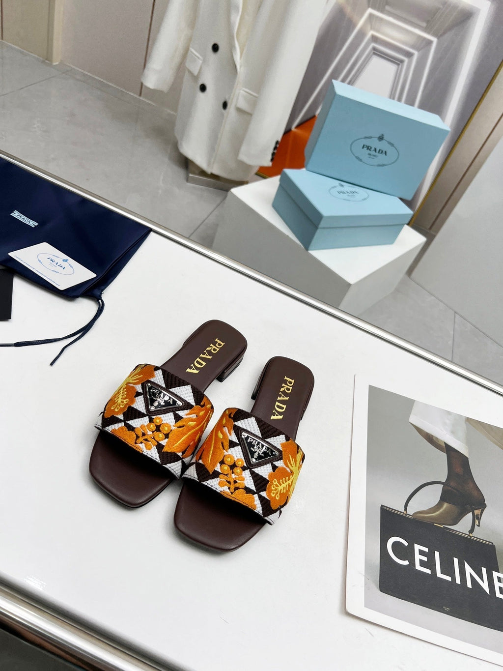 PRADA EMBROIDERED SLIDES FLAT CHOCOLATE FABRIC